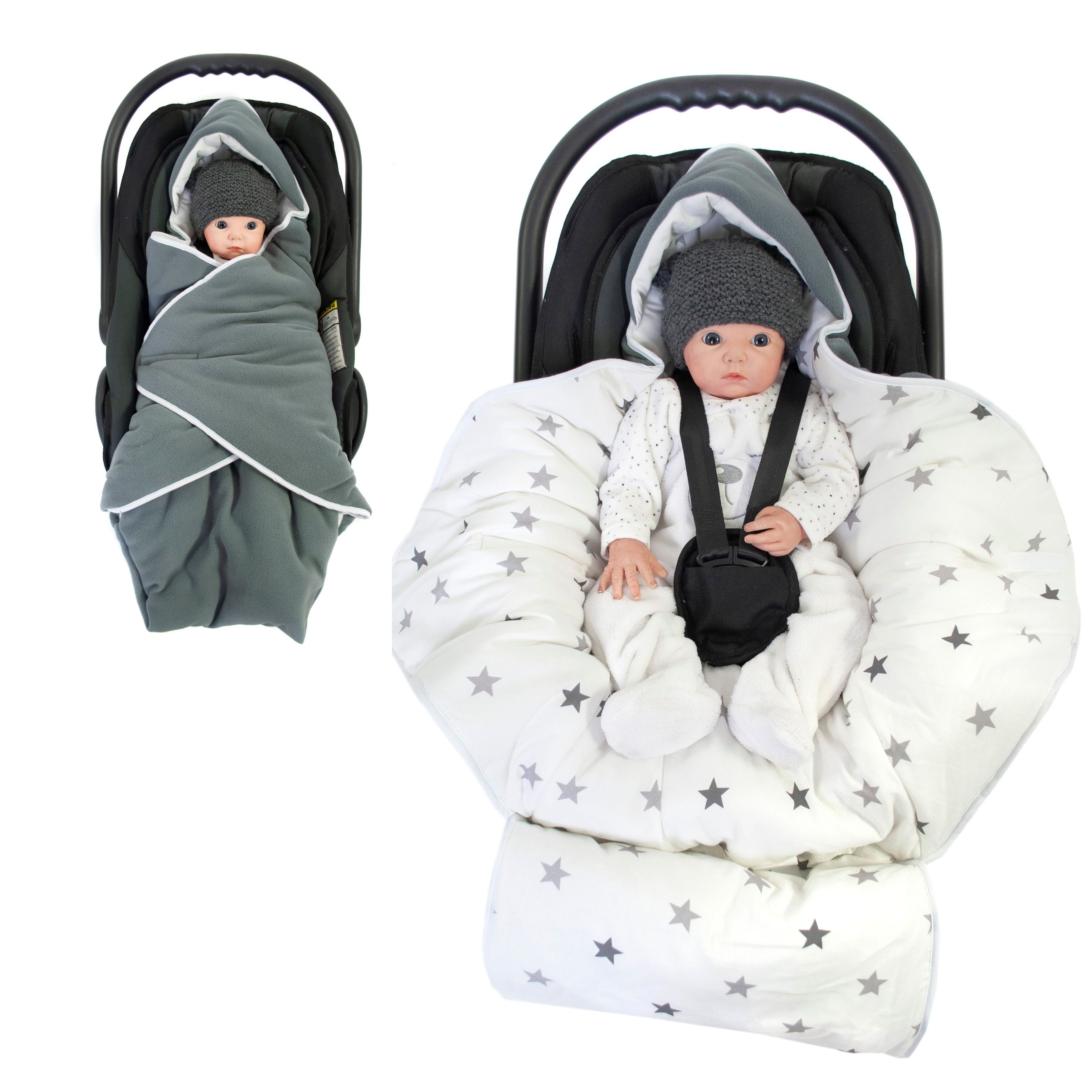 Babydecke Einschlagdecke XL grau/Sternenmuster weiß Winter, HOBEA-Germany, passend für Babyschalen mit 3- und 5-Punkt-Gurtsystem