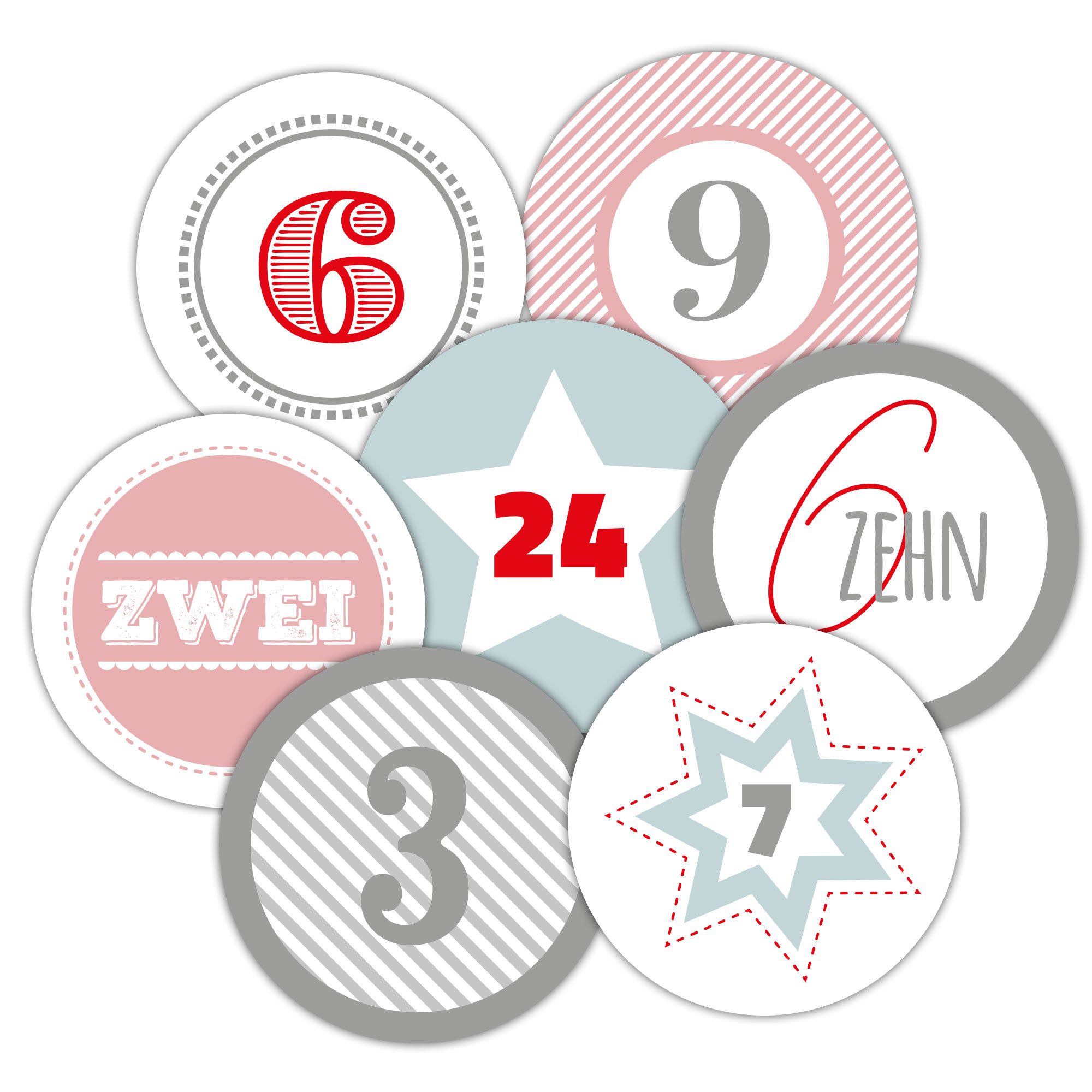 Frau WUNDERVoll Sticker 24 Adventskalenderzahlen XL Aufkleber, pastell, Durchmesser 6 cm