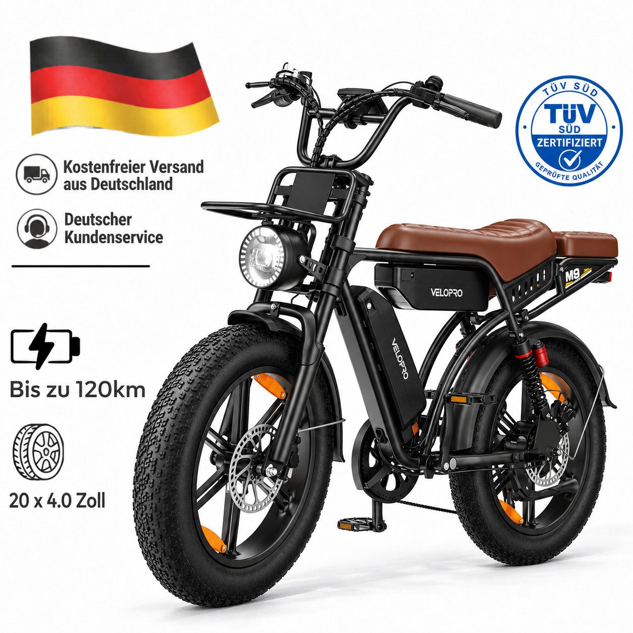 PIXAR E-Bike Mountainbike M9 Fatbike 20 Zoll Elektrofahrrad Doppelakku 48 V 35 Ah bis zu 120KM, 7 Gang Shimano, Heckmotor, 1680 Wh, (Packung), 250 W Vollfederung, hydraulische Scheibenbremsen