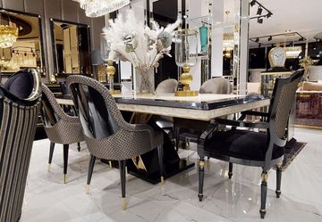 Casa Padrino Esstisch Luxus Art Deco Esstisch Weiß / Schwarz / Gold - Art Deco Esszimmer Tisch - Art Deco Esszimmer Möbel - Luxus Qualität