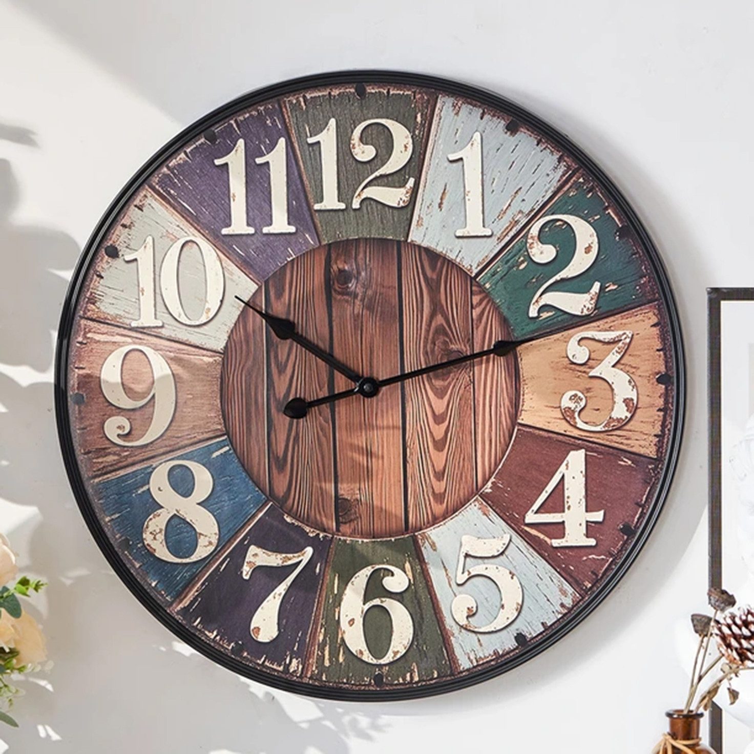 K&L Wall Art Wanduhr Große Vintage Holzuhr Landhaus Wanduhr ohne Tickgeräusche (Retro Stil, leises Uhrwerk)