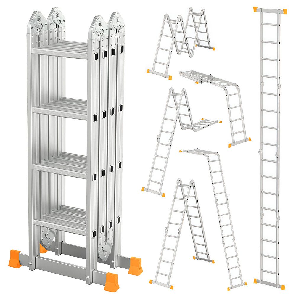 PFCTART Vielzweckleiter Teleskopleiter & Klappleiter Alu – 150 kg Tragkraft, ausziehbar (Set, 1-St., Trittleiter/A/M-Plattform verstellbar – Ideal für Haushalt), 6-in-1 Leiter – Sicherheitsgelenke & rutschfeste Füße