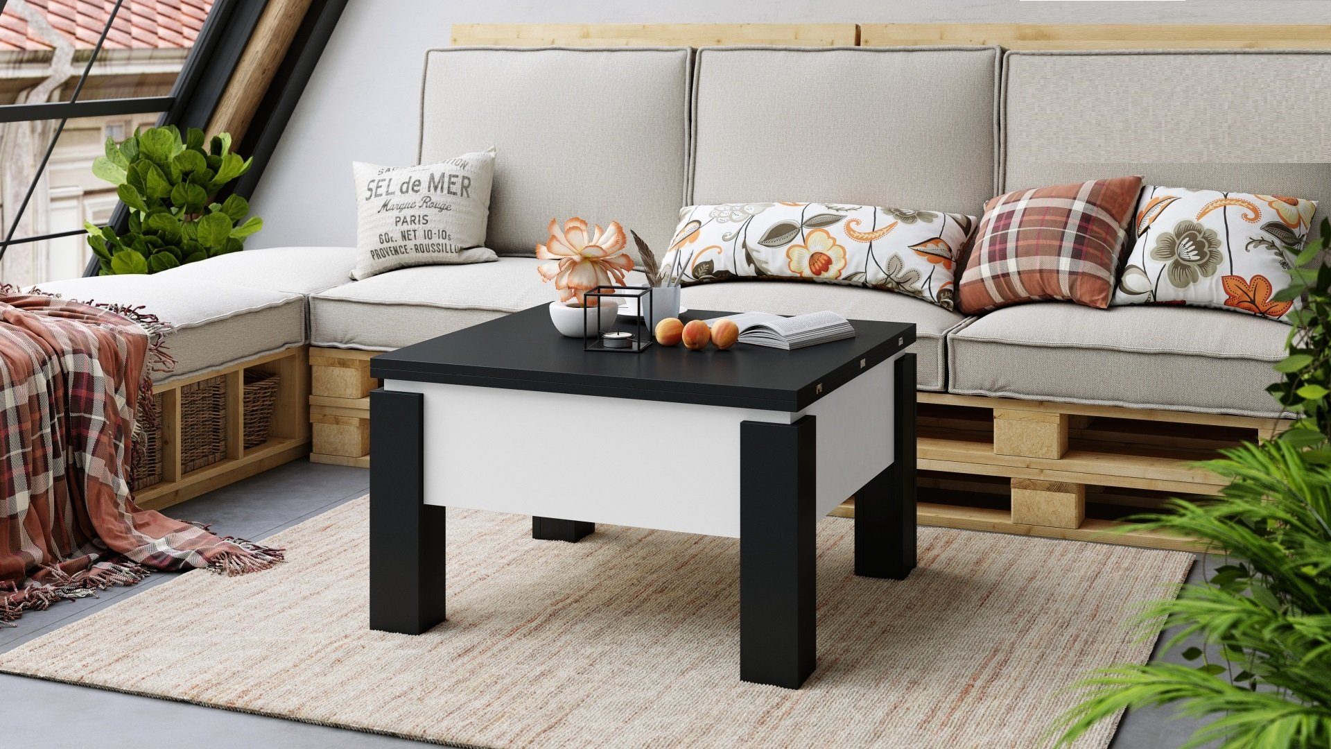 designimpex Couchtisch Design Couchtisch Tisch Oslo höhenverstellbar aufklappbar Esstisch Schwarz matt / Weiß matt
