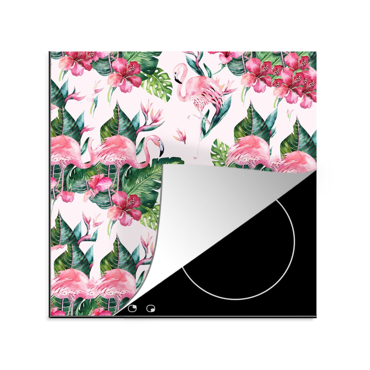 für - (1 Flamingo Herdblende-/Abdeckplatte - Arbeitsplatte Ceranfeldabdeckung, tlg), MuchoWow 78x78 cm, Blätter küche Vinyl, Blumen Muster, -