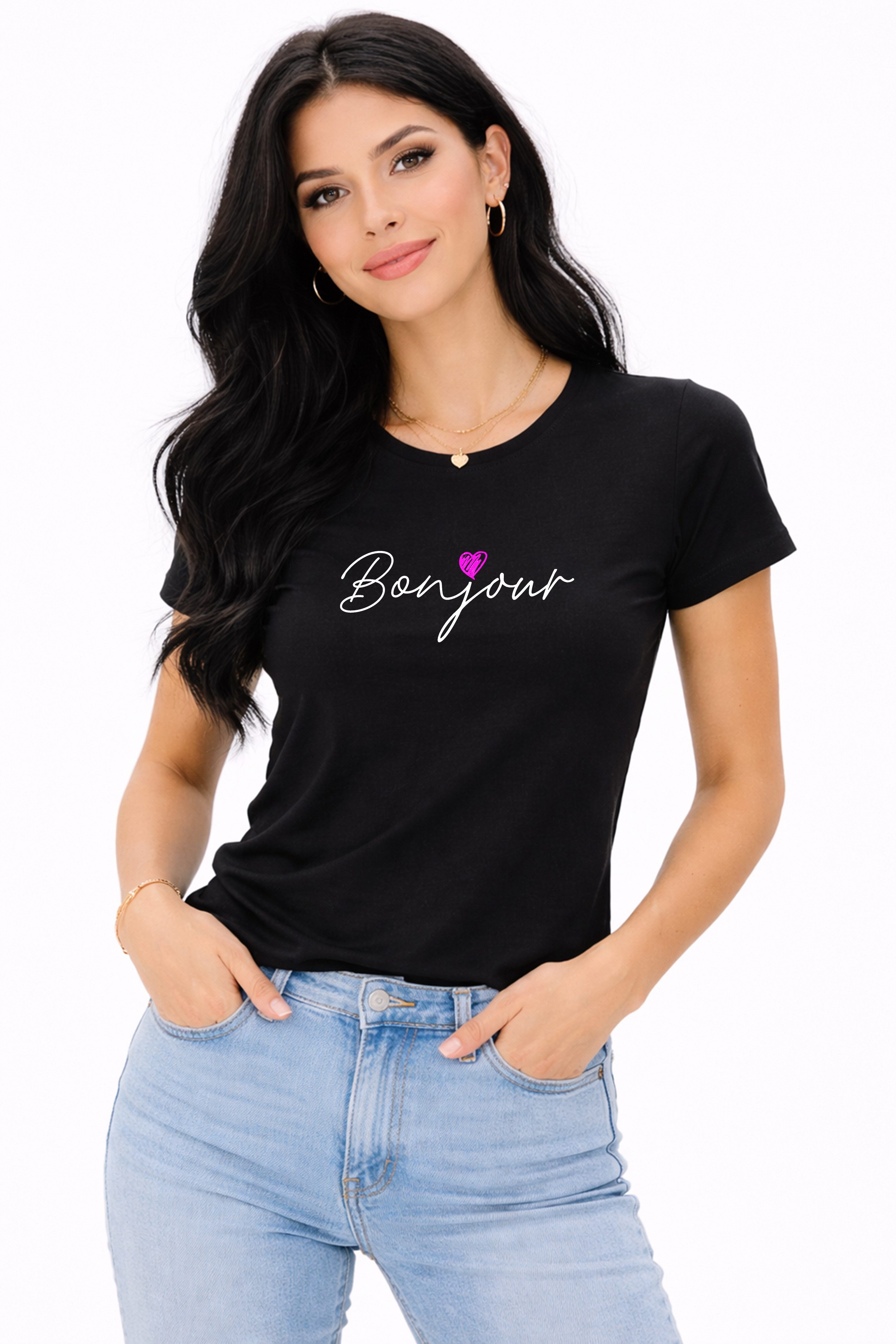 Banco T-Shirt Bonjour Print Shirt Rundhals Sommershirt Kurzarm Damen Baumwollshirt Bonjour Print Rundhals Kurzarm Casual Fit soft neu