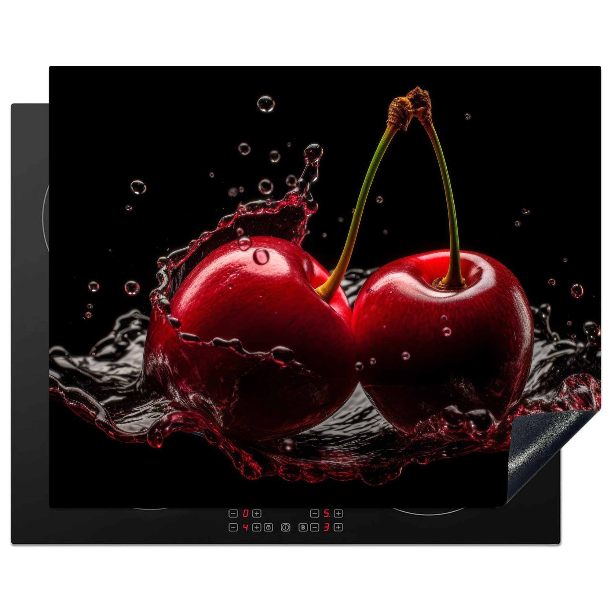 MuchoWow Herd-Abdeckplatte Kirsche - Rot - Frucht - Wasser - Schwarz, Vinyl, (1 tlg), Herdabdeckplatten für Ceranfeld, Induktionsschutz, 65x55 cm