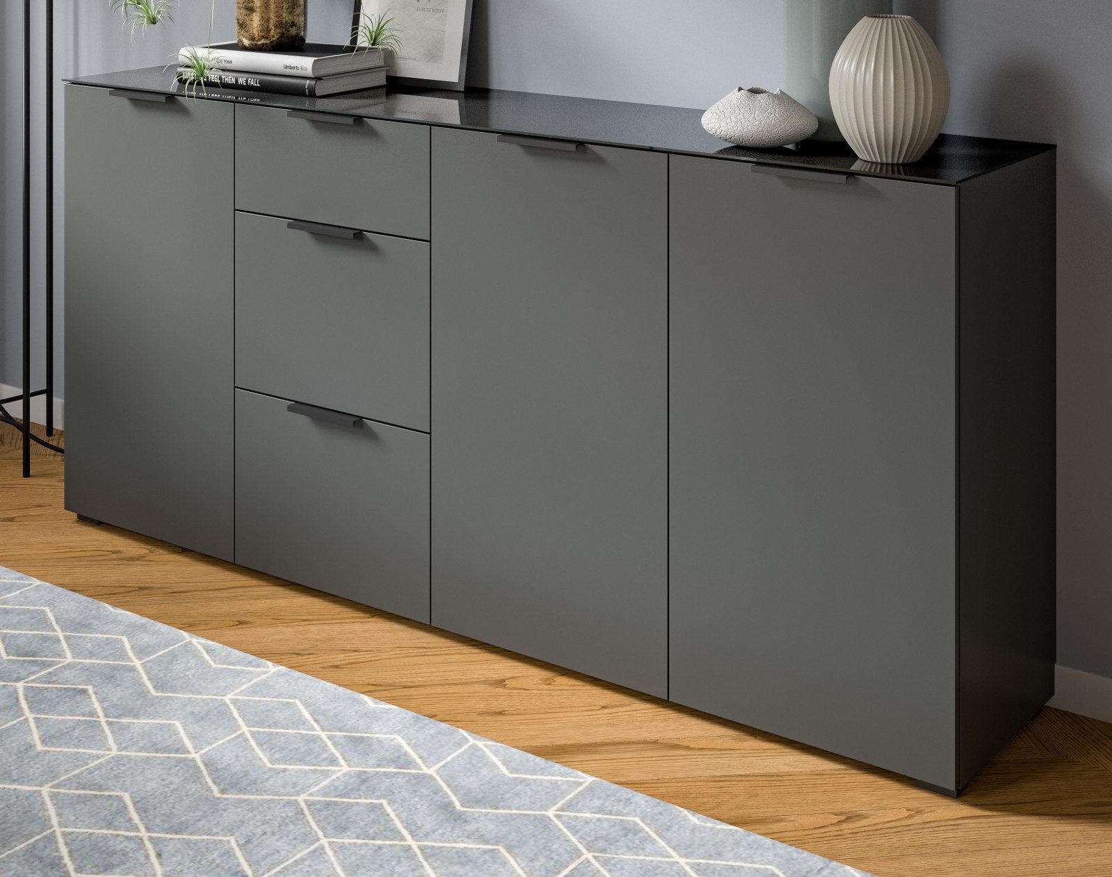 Inn.Furn Sideboard Riano (in grau / anthrazit mit Glasauflage, 179 cm), inklusive Soft-Close-Funktion und Vollauszug