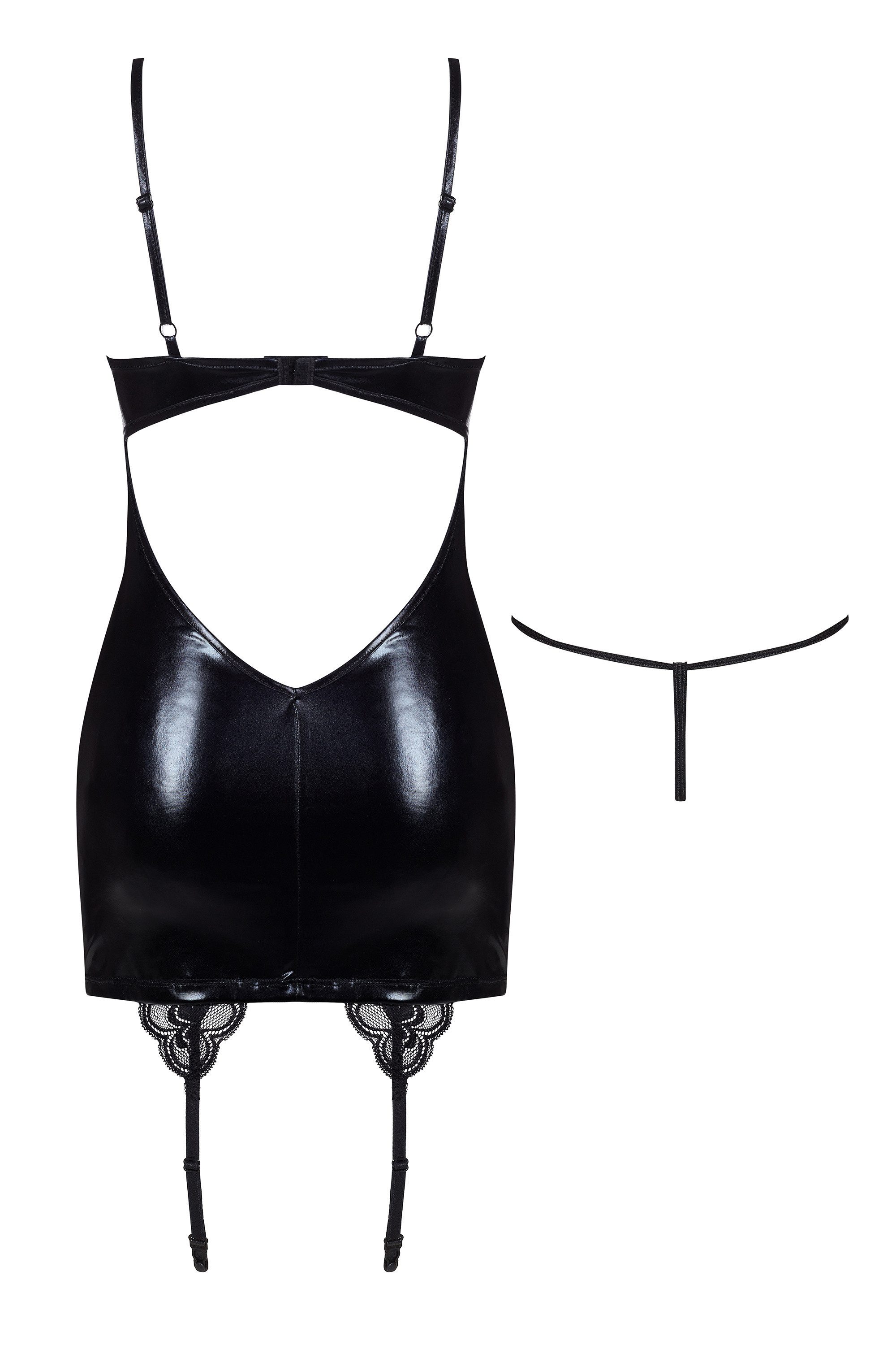 Beauty Night Fashion Spitzenkleid Minikleid Gemma schwarz mit Strapse im Latexlook + String (2-tlg)