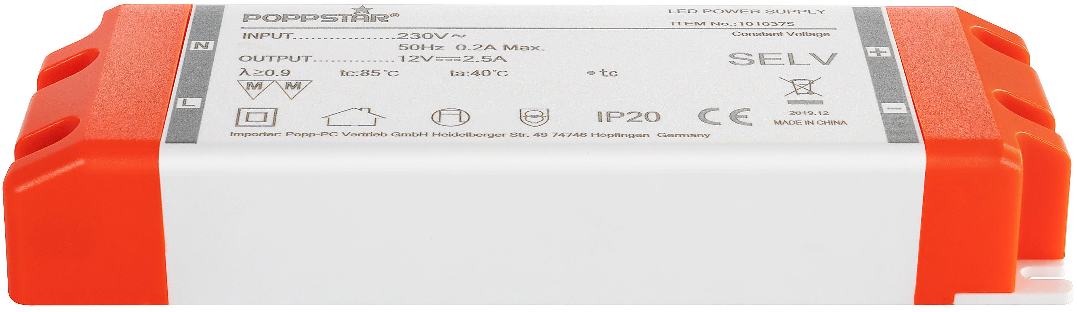 Poppstar LED Transformator 230V AC / 12V DC 2,5A LED Trafo (für 0,3 bis 30 Watt LEDs)