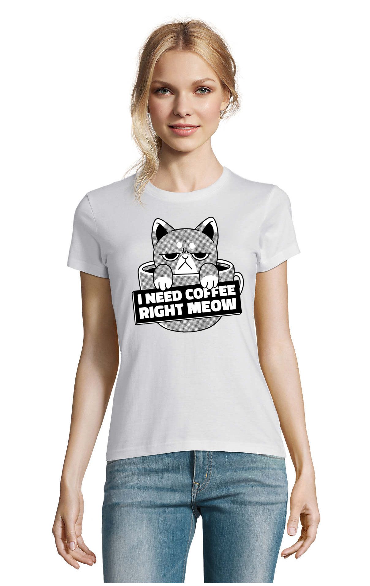 T-Shirt Wütende i need coffee right meow Kaffee Katze Tier Damen Shirt Motiv