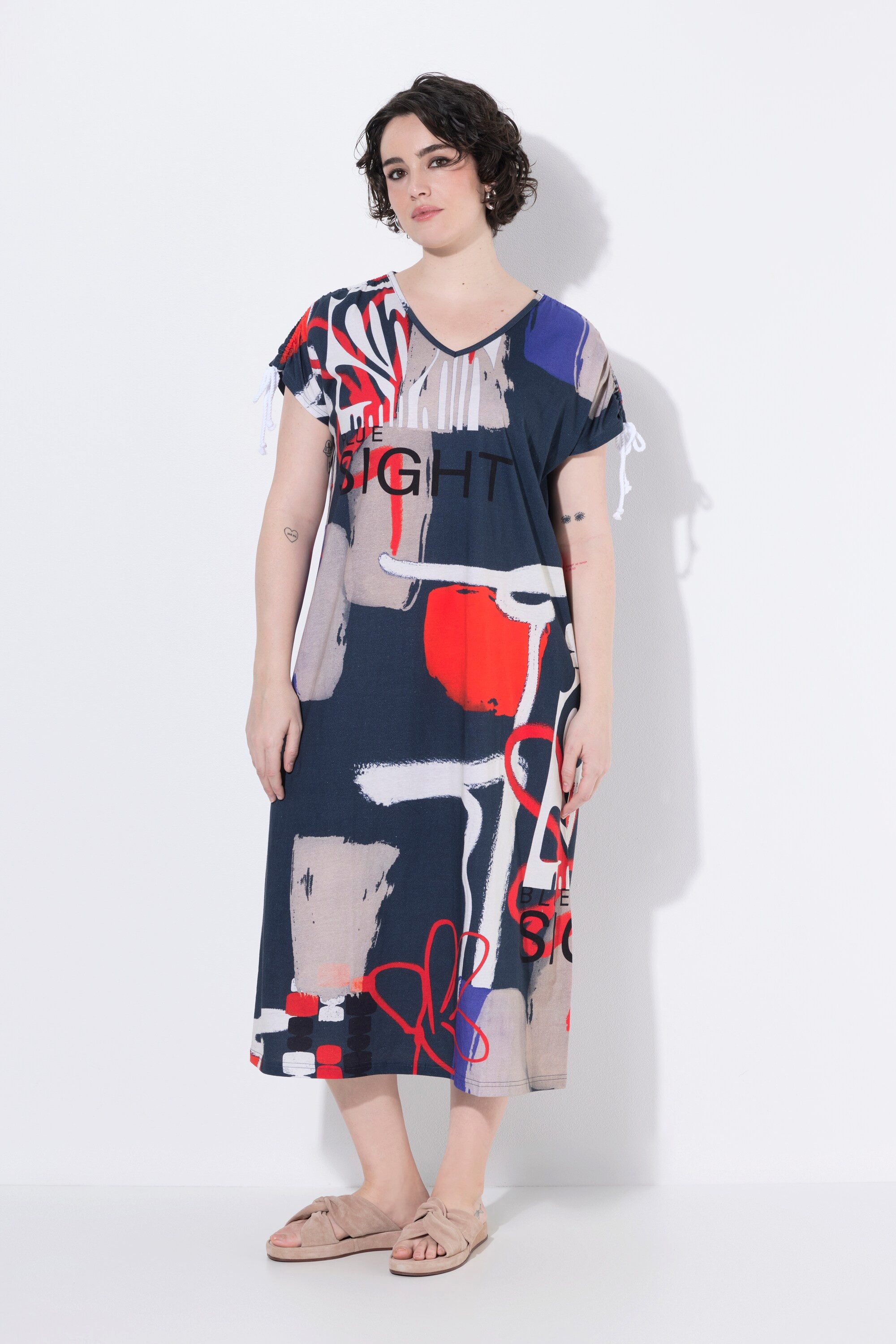 Ulla Popken Jerseykleid Jerseykleid V-Ausschnitt Schulter-Raffband