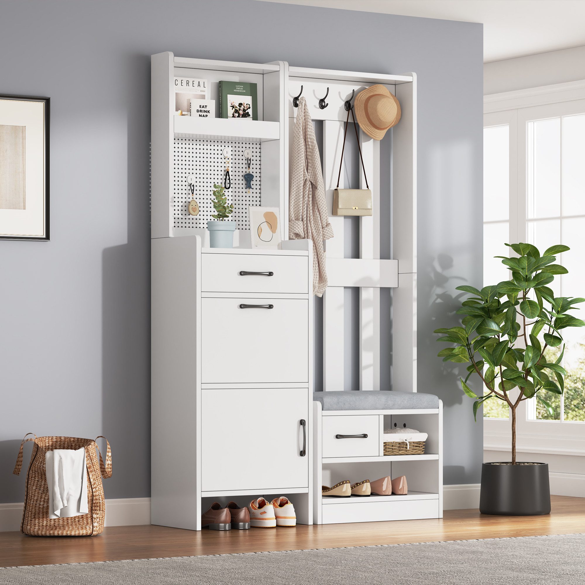 Merax Garderobenständer 7-in-1 Garderobenschrank in Weiß, (1 St., 110x35x175,5 cm), Garderobenständer mit Schuhbank, 2 Schubladen, Schrank, 7 Haken & Rega