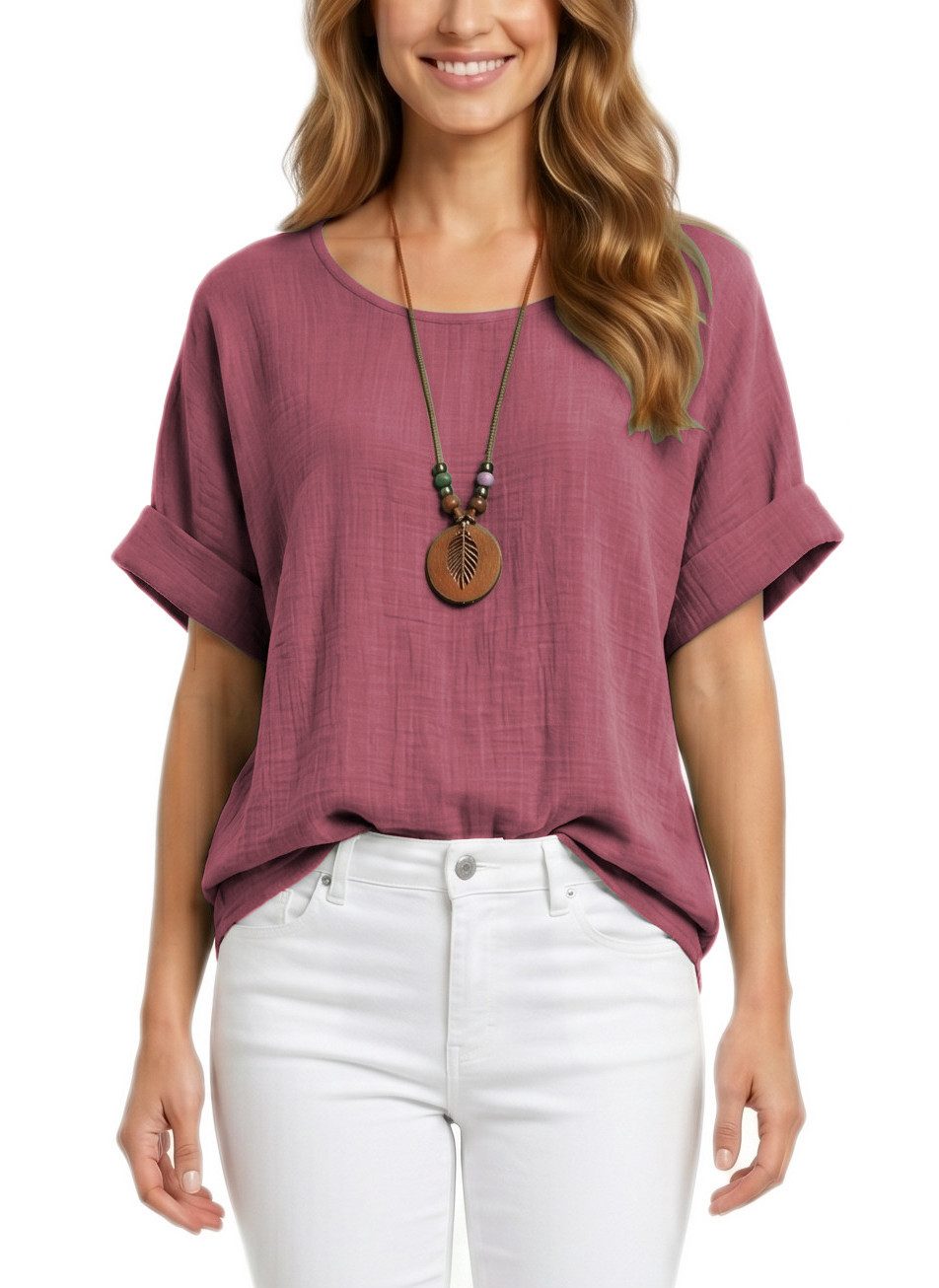 Kurzarmbluse Damen Kurzarm Bluse Leichte Sommer Tunika Baumwollbluse Oberteil