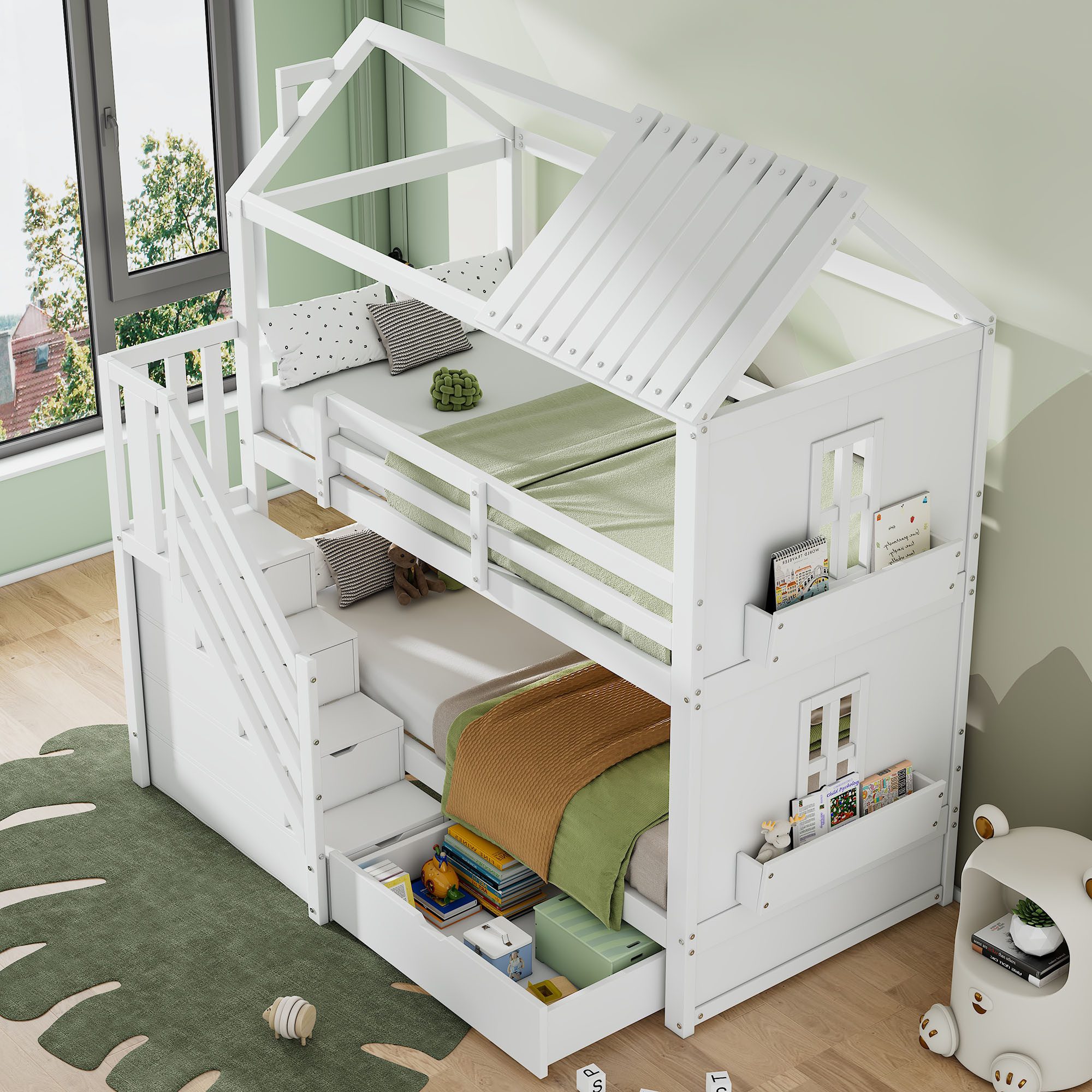 HAUSS SPOLE Etagenbett 90x200cm mit Stauraumtreppe, Schubladen, Regalen Ohne Matratze, Weiß (Multifunktionales Kinderbett, 1-St., 90*200cm, ohne Matratze), mit Stauraumtreppe, Schubladen und Regalen
