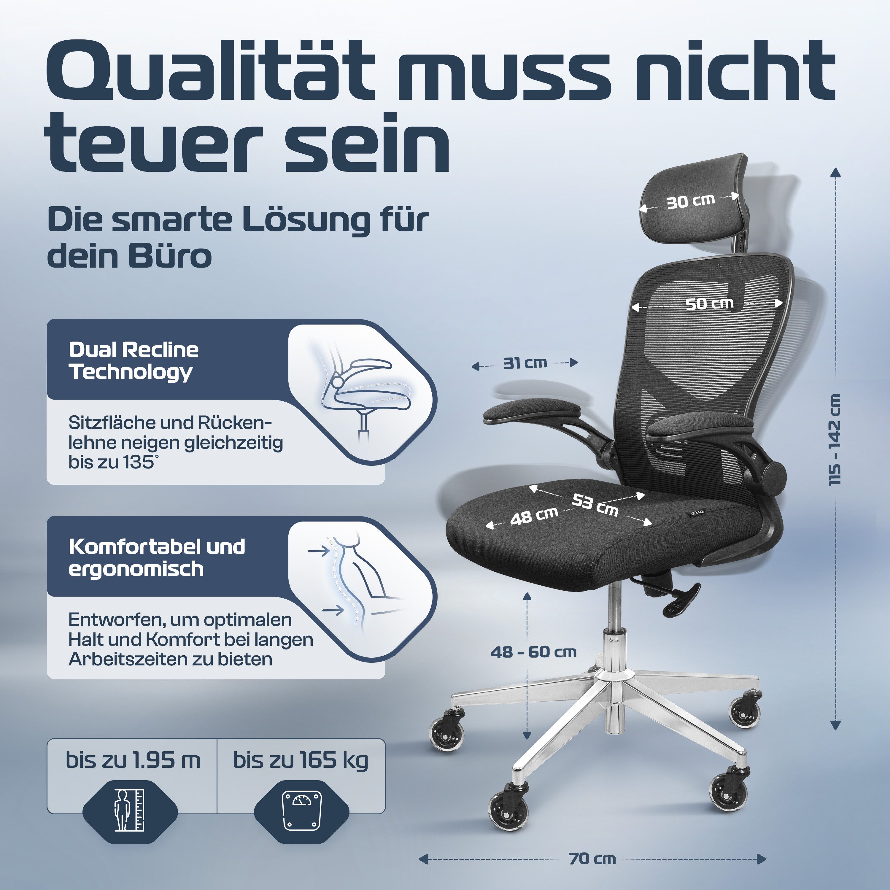 CLOUVOU Bürostuhl ergonomisch, Schreibtischstuhl bis 150 kg - Testsieger (S günstig online kaufen