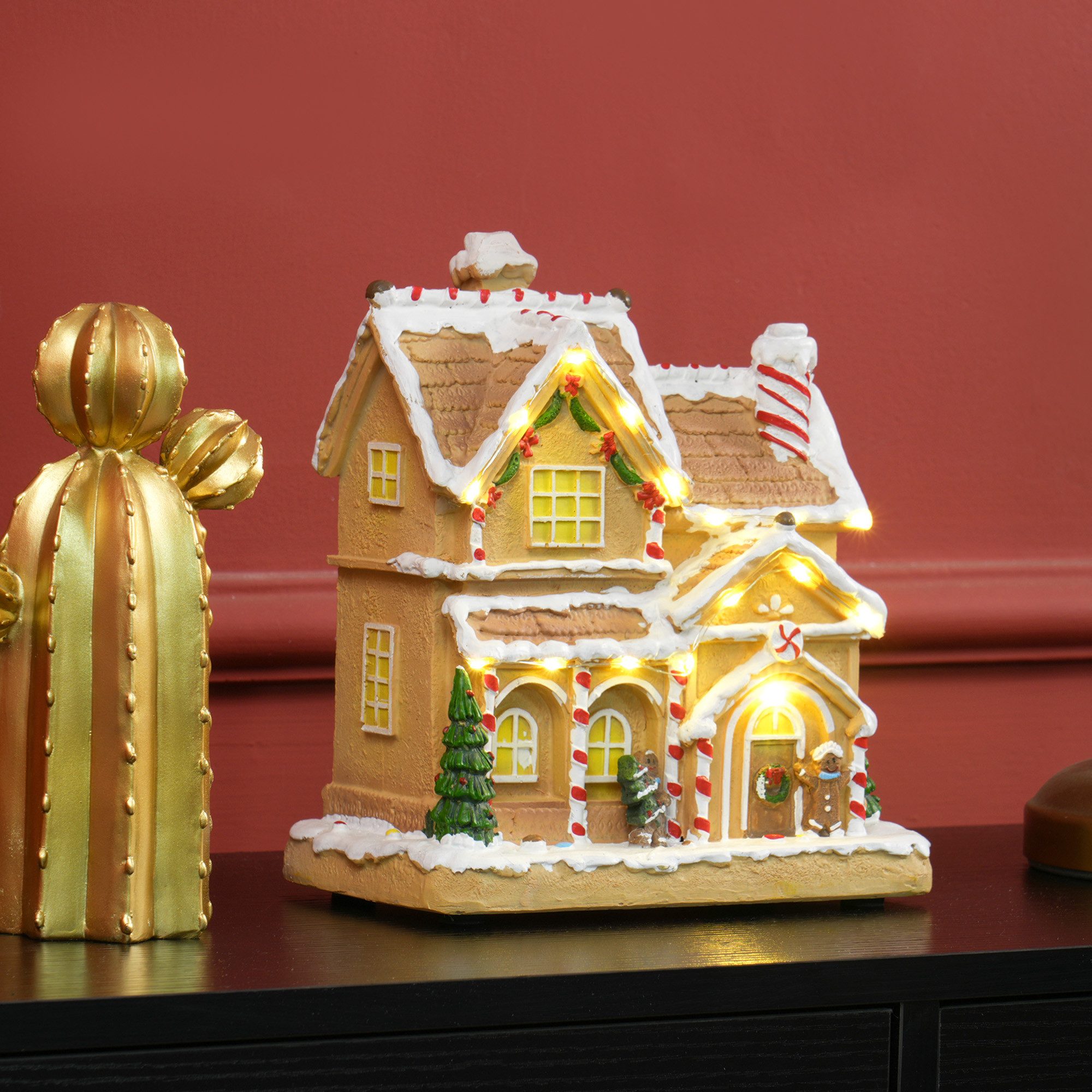 furnicato Weihnachtsdorf 21,5 x 12,5 x 22,5 cm, Braun, Resin, mit LED und Musik, Beleuchtete Winterlandschaft mit Musikfunktion für dein Wohnzimmer