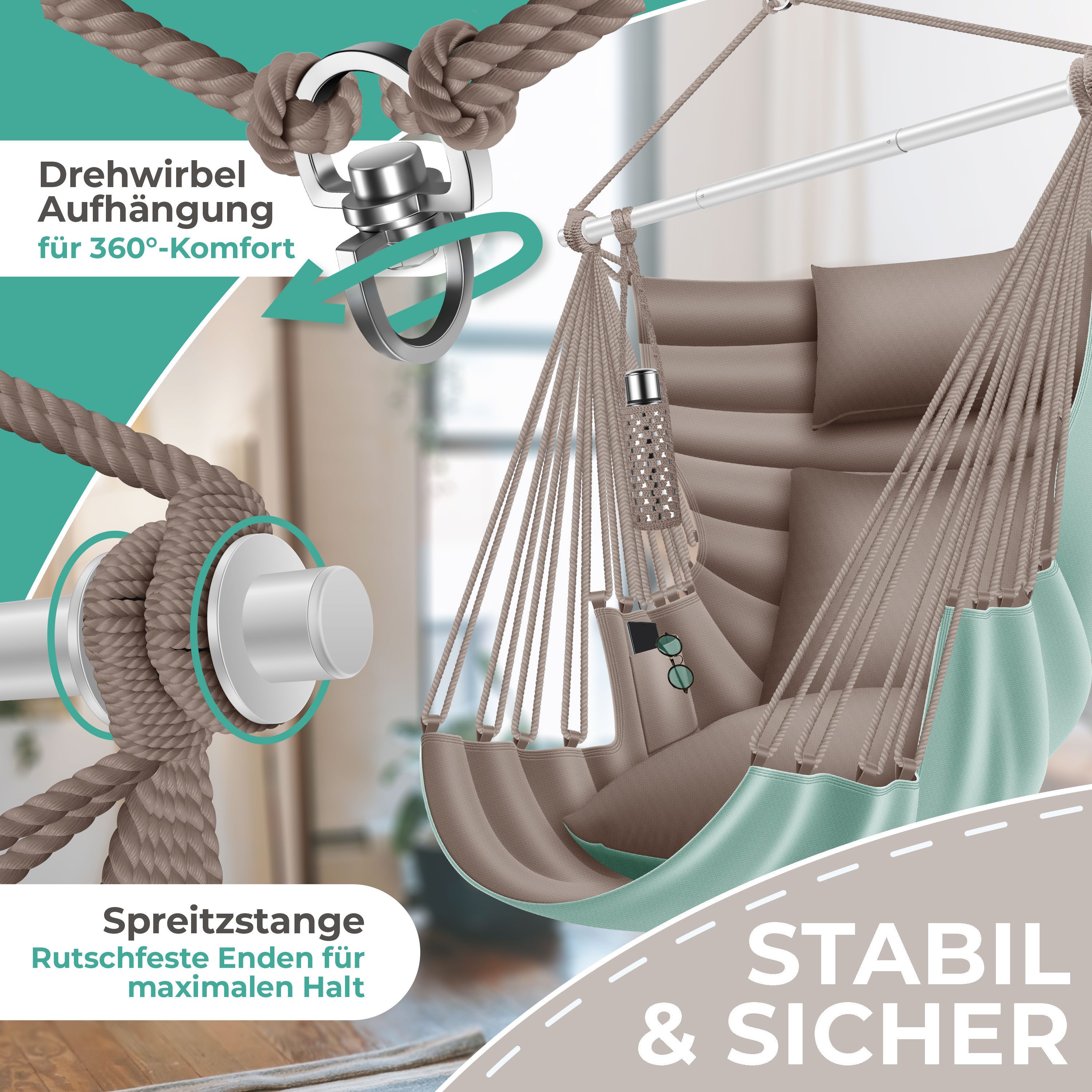 KESSER Hängesessel Haiti 150kg Traglast, Indoor & Outdoor Hängestuhl (Hängeschaukel mit 2 Kissen, Tragetasche, Flaschenhalter & Montage-Set), 360° Hängematte Pflegeleicht, UV-beständig & Wasserfest