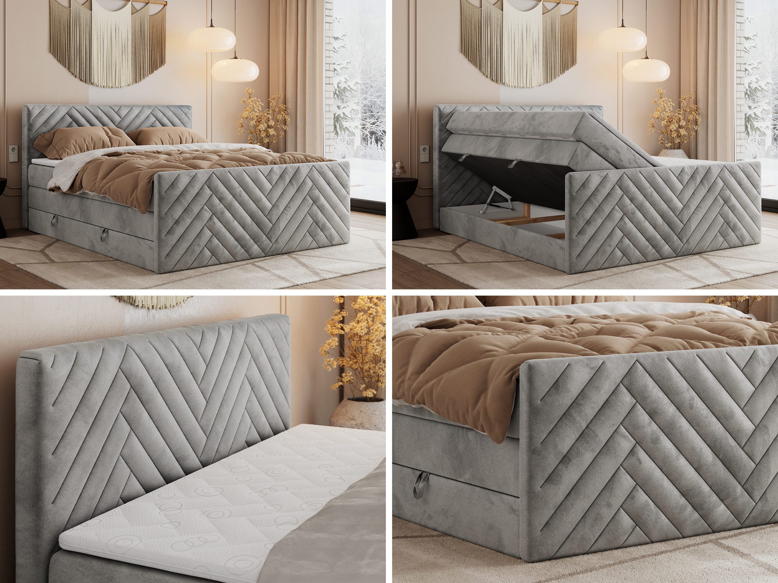 MKS MÖBEL Boxspringbett PARIS KING DUO (Packung, Set, Zwei Bettkästen, Topper T25/Visco, T30-Schaum), Boxspringbett, Fußteil, Doppelbett, Multipocket-Matratzen