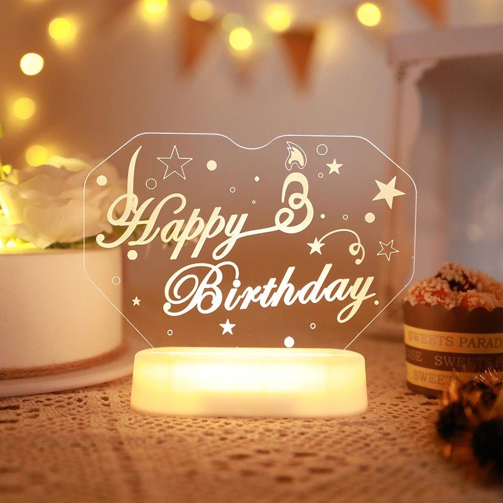 Sunicol LED Nachtlicht 3D Geschenke Nachttischlampe, Acryl Happy Birthday Geburtstag Party, Tischlampe, RGB Leuchte mit Fernbedienung, Batteriebetrieben Warmes Weiß