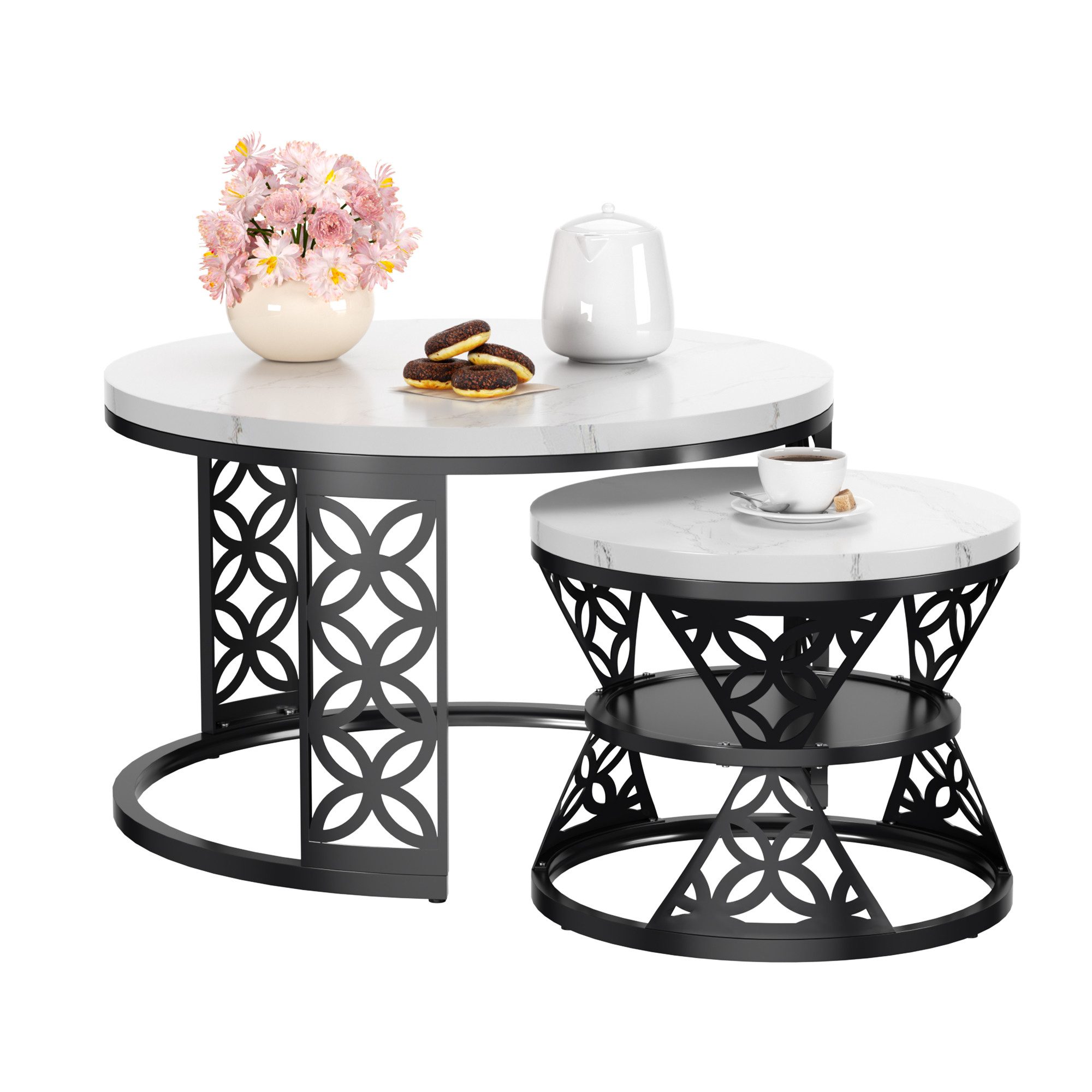 REDOM Couchtisch und 2er Set, Beistelltisch für Schlafzimmer Balkon (Runder Couchtisch, stabil und langlebig für stilvolles Wohnen, 2-St., 70x70x45 cm und 45x45x37 cm)