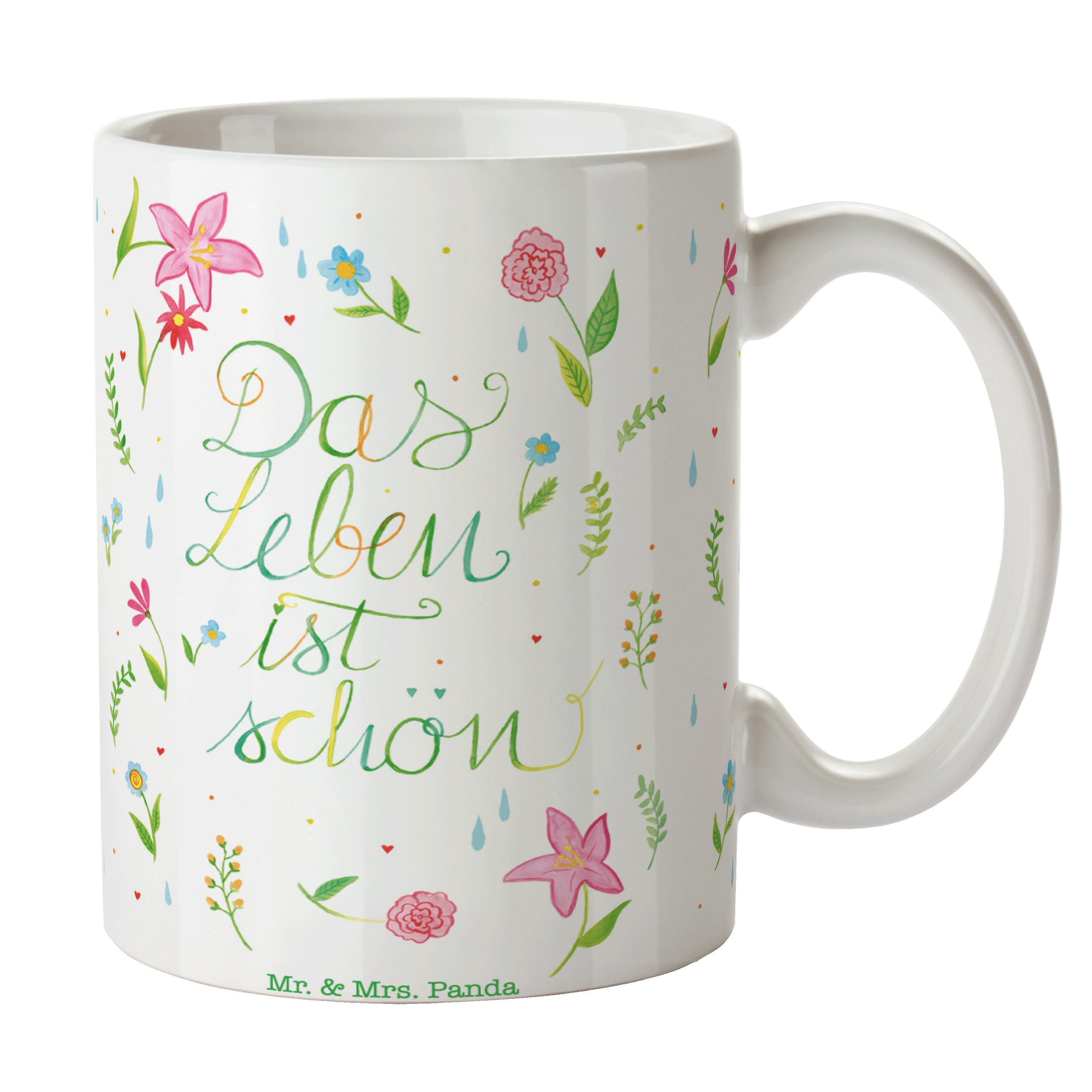 Mr. & Mrs. Panda Tasse Blumen Das Leben ist schön - Geschenk, Geschenk Tasse, positive Botsc, Keramik