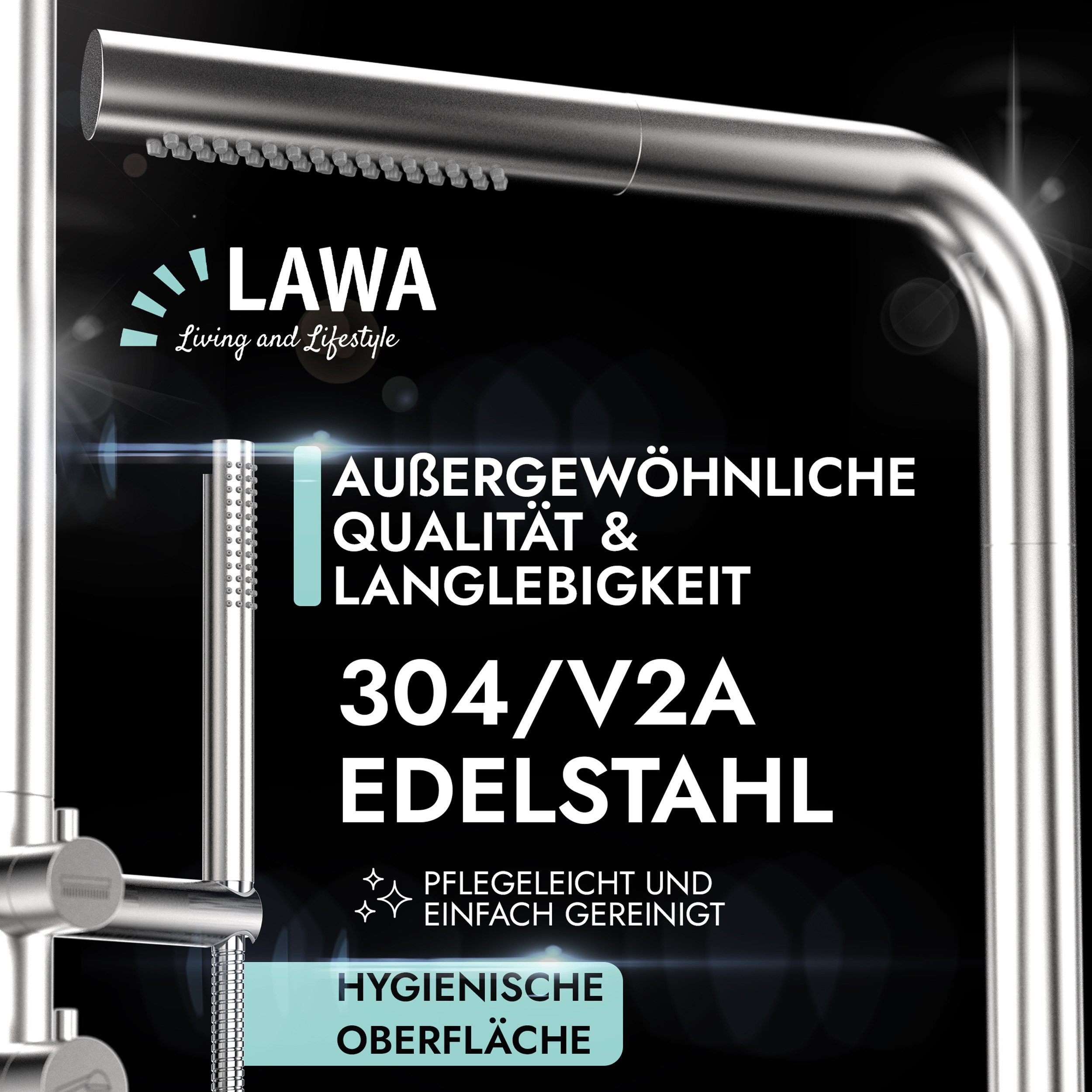 LAWA Living and Lifestyle Gartendusche V2A / 304 Edelstahl Außendusche rostfrei Warmwasser und Kaltwasser (2 Anschlüsse, gebürstet, restentleert - winterfest), Pooldusche Sauna mit Handbrause
