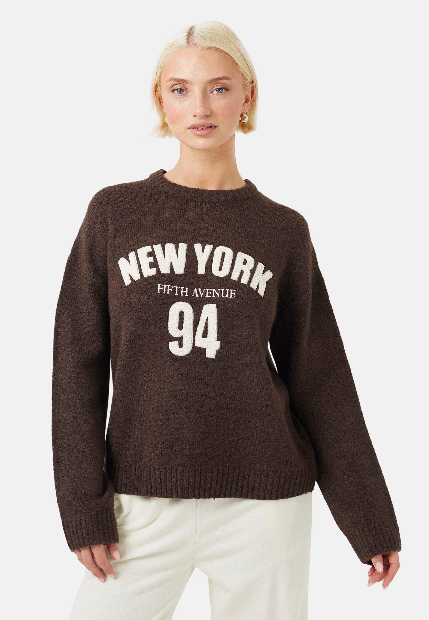 Brave Soul Strickpullover Damen-Bouclé-Pullover mit Rundhalsausschnitt