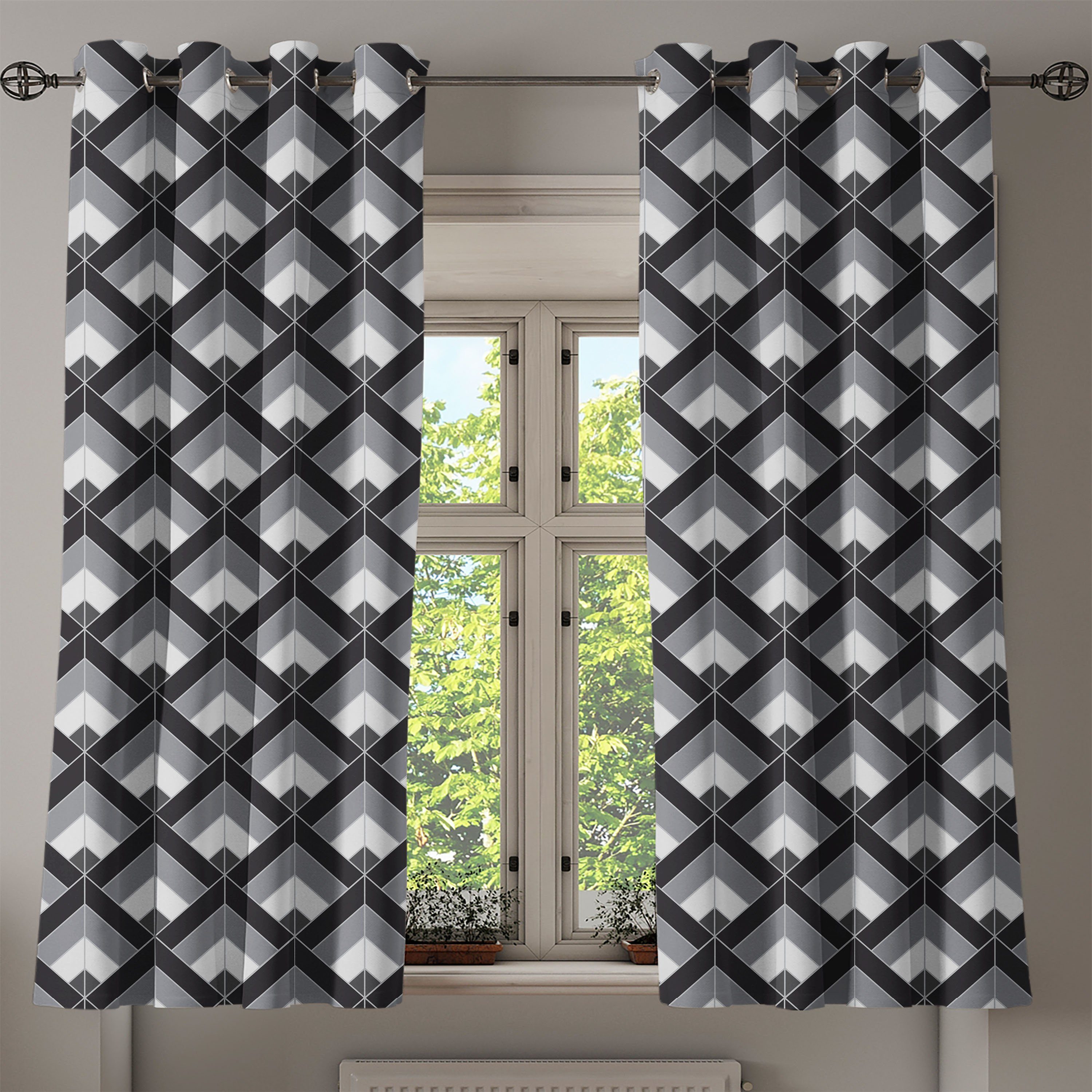 Schlafzimmer Dekorative für Schwarz Grau und Geometrische Wohnzimmer, Boho 2-Panel-Fenstervorhänge Abakuhaus, Gardine