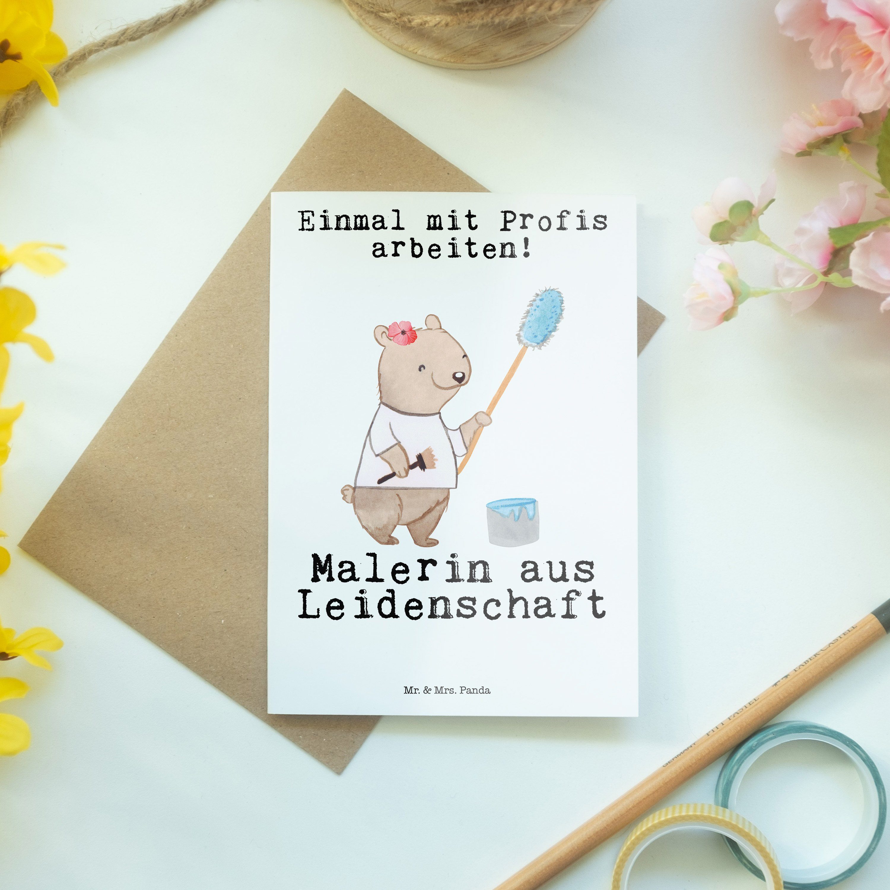 Malerin Mr. Panda Weiß Beruf aus Grußkarte - Karte, Mrs. Leidenschaft Klappkarte, Geschenk, & -