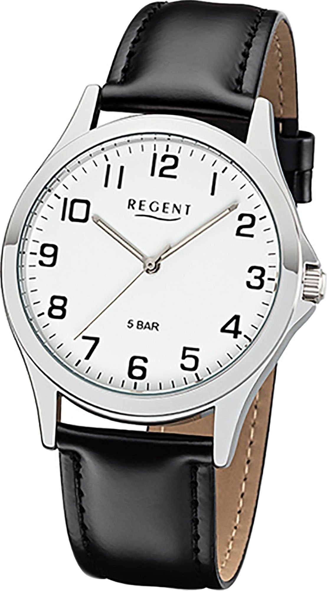 Regent Quarzuhr Regent Leder Herren Uhr 1112422 Analog, Herrenuhr Lederarmband schwarz, rundes Gehäuse, mittel (ca. 39mm)