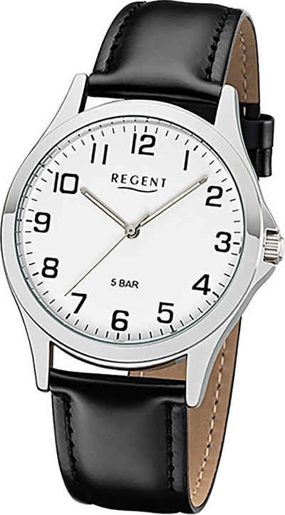 Regent Quarzuhr »Regent Leder Herren Uhr 1112422 Analog«, (Analoguhr), Herrenuhr mit Lederarmband, rundes Gehäuse, mittel (ca. 39mm), Elegant-Style