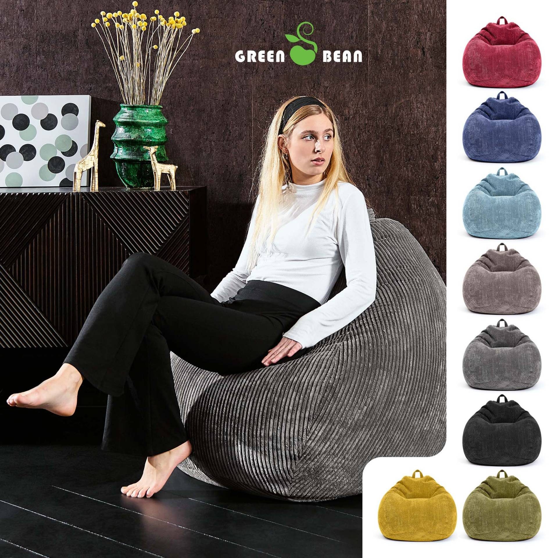 Sitzhocker Bean Green Sitzkissen), - Erwachsene Drinnen Bodenkissen Scoop & Waschbar Relax-Sessel Füllung Liegekissen Kuschelig Cord Sitzsack 90x110cm Cordstoff, Kinder Sitzsack Weich Anthrazit EPS-Perlen (Indoor Stoff