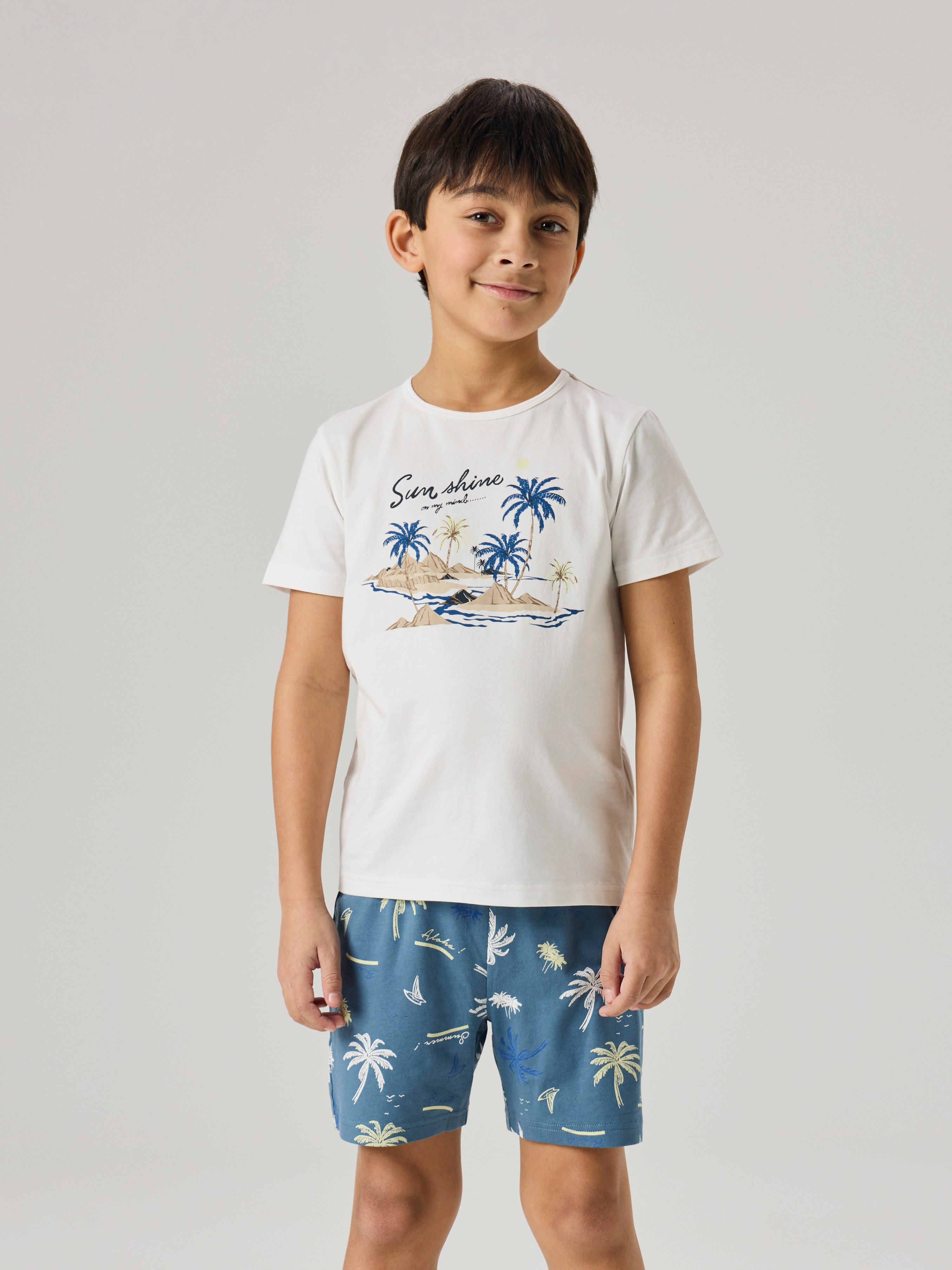 Name It Schlafanzug NKMNIGHTSET SS BLUEFIN PALM NOOS (Set) Baumwollmischung