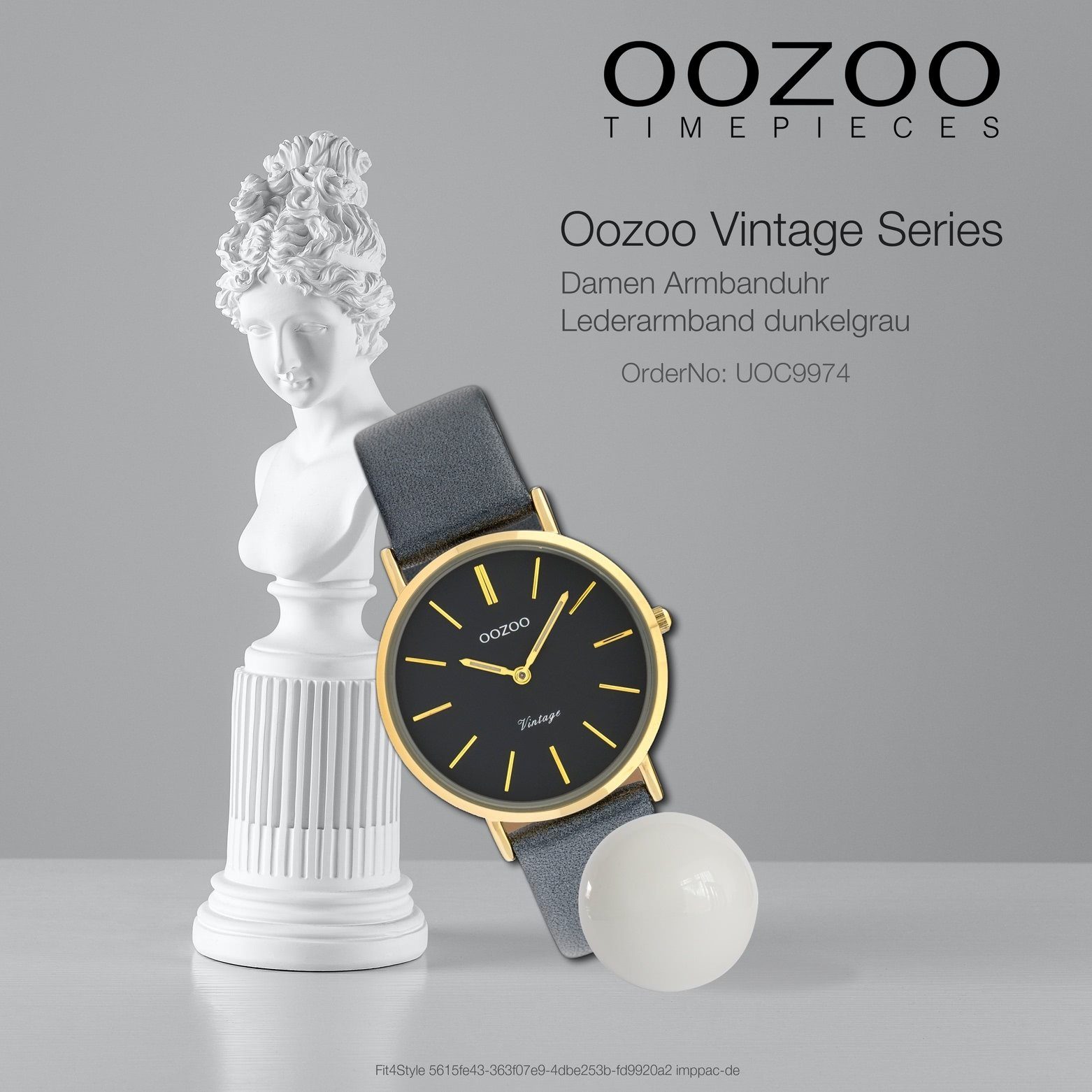 OOZOO Quarzuhr rund, dunkelgrau, 32mm) Damenuhr Armbanduhr Lederarmband, (ca. Fashion-Style Damen Oozoo mittel