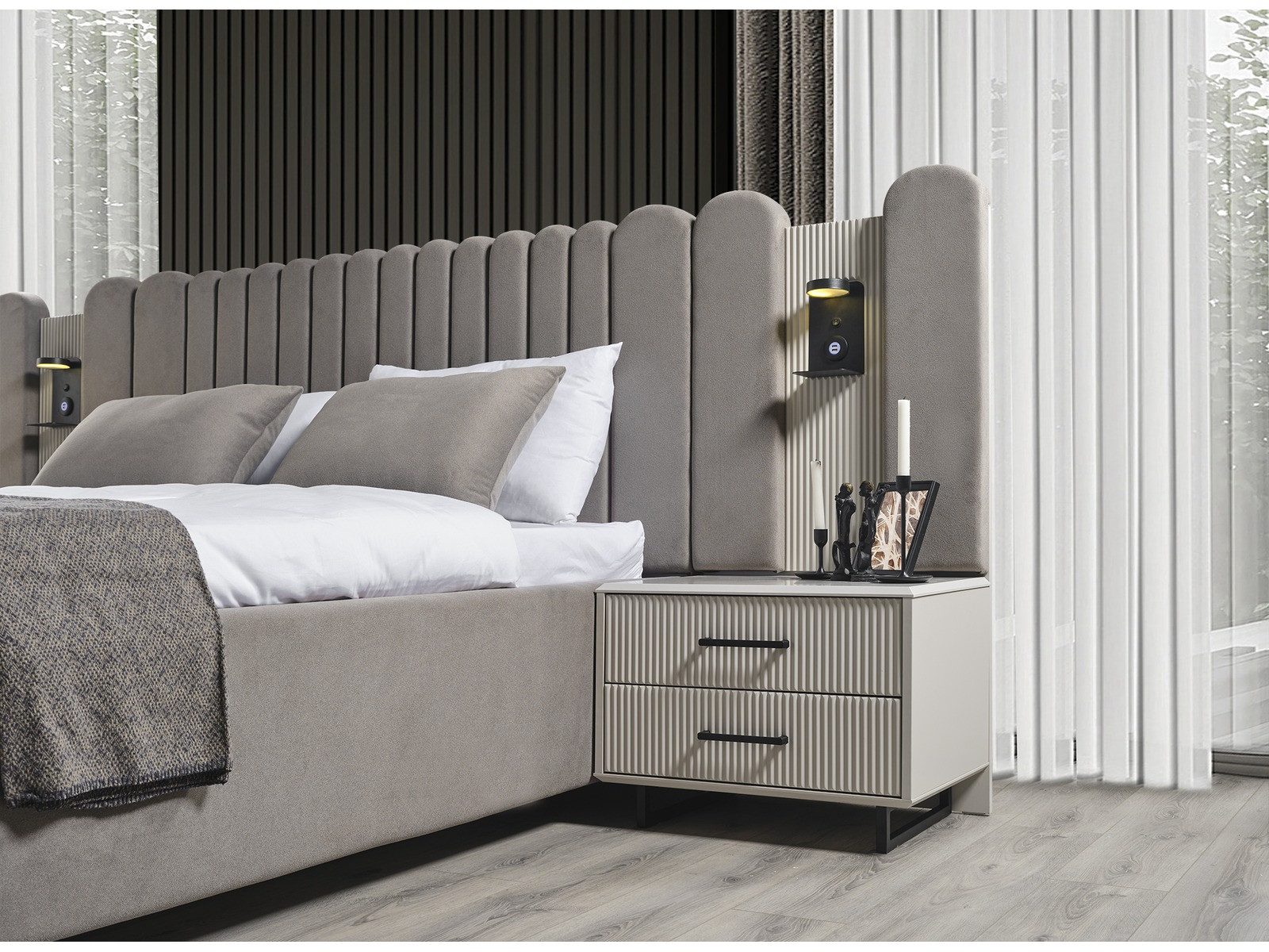 Villa Furniture Black Line Box Spring Bed, Upholstered Headboard, Calm Look, Sturdy Metal Feet
