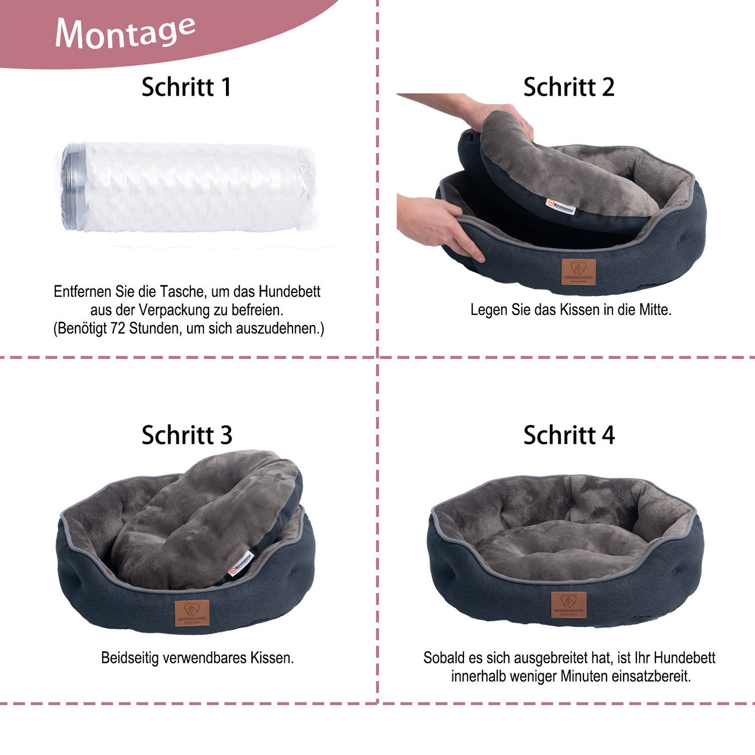 Warenhammer Tierbett Orthopädisches Premium Hundebett, Katzenbett, flauschig weich, für Katzen oder kleine Hunde, 2 Teilig mit Wendekissen / kühlende Sommer oder wärmende Winterseite