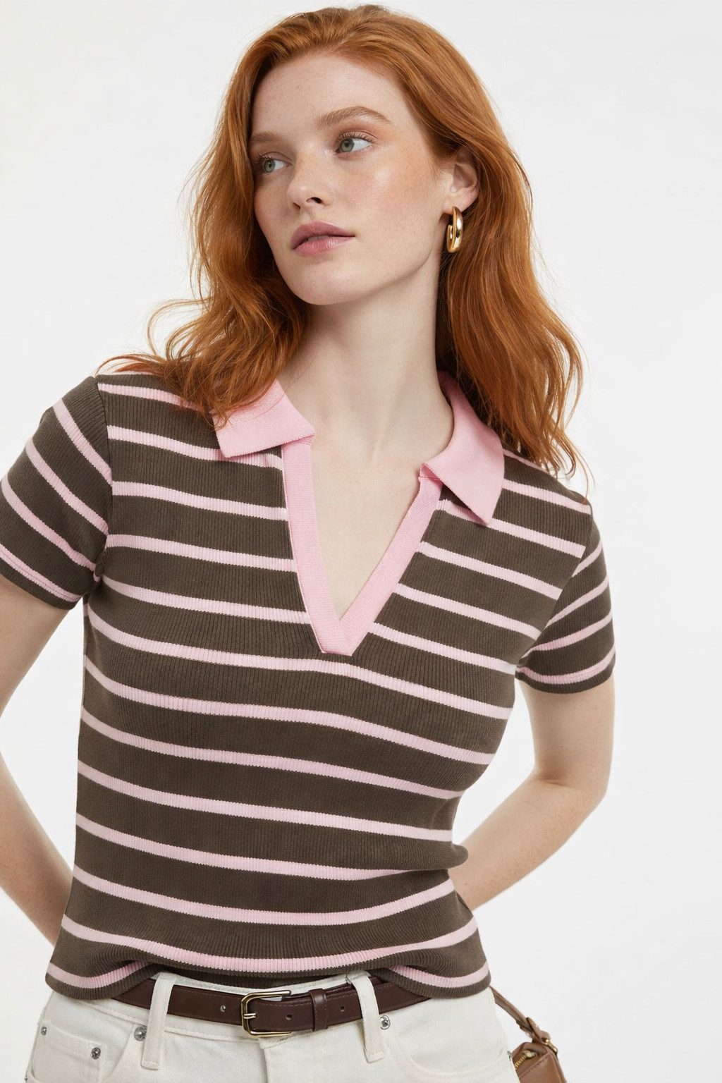 T-Shirt Gestreiftes Polo-Kragen Crop T-Shirt