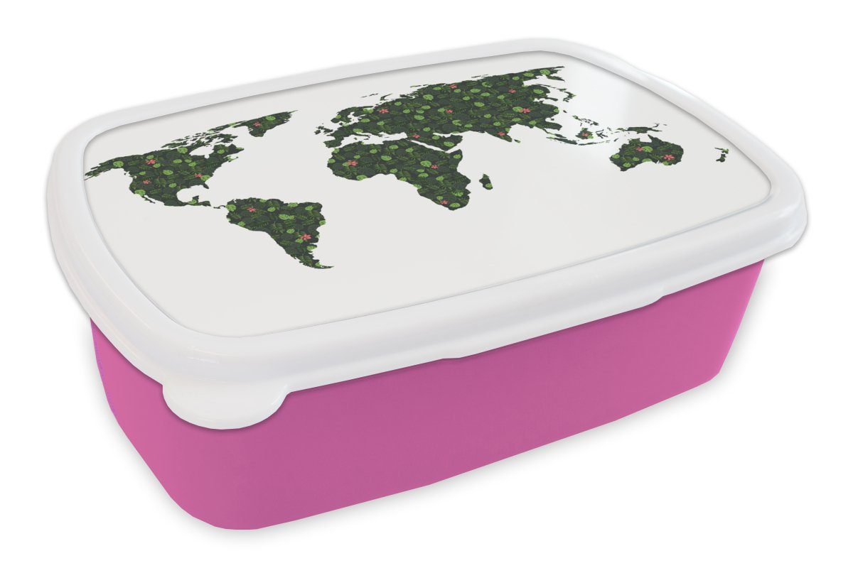 MuchoWow Lunchbox Weltkarte - Tropische Pflanzen - Weiß, Kunststoff, (2-tlg), Brotbox für Erwachsene, Brotdose Kinder, Snackbox, Mädchen, Kunststoff rosa