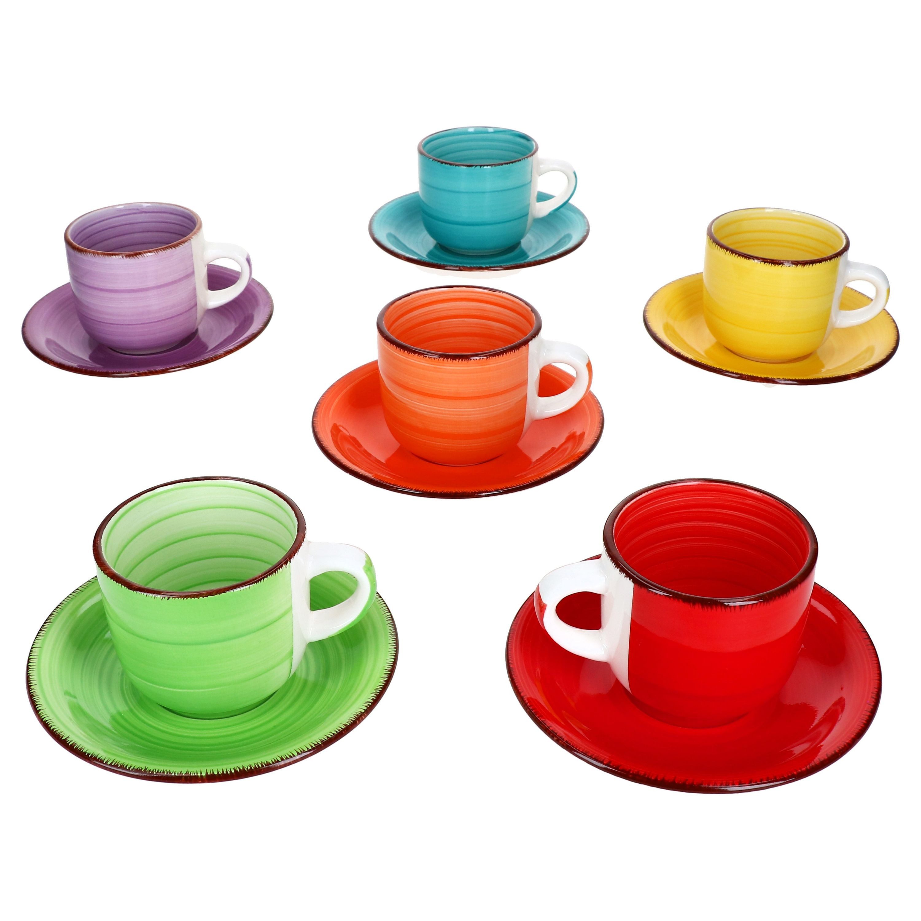 MamboCat Tasse 6er Set Uni bunt Cappuccinotassen mit Untertassen 200ml Kaffee Tee, Steingut