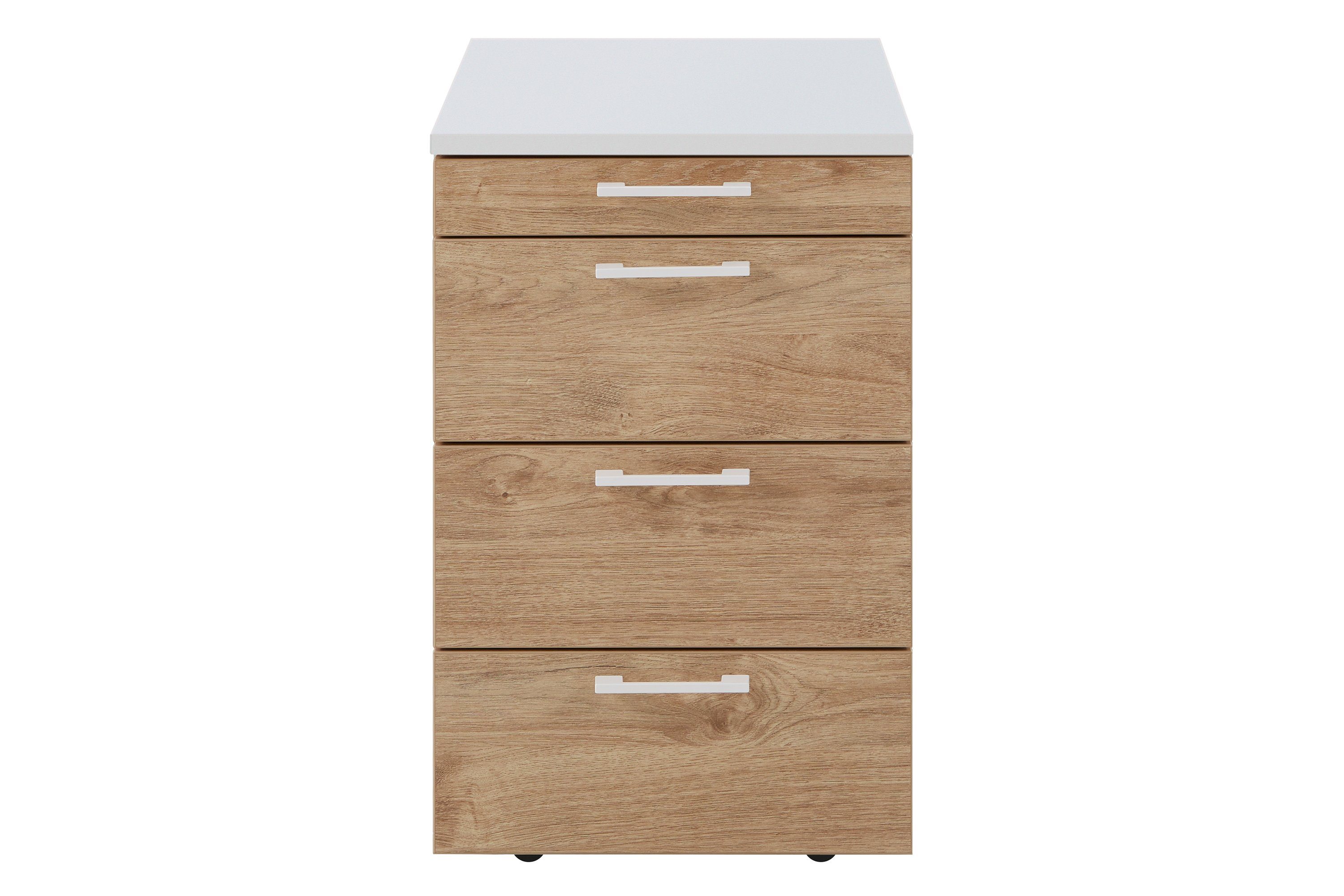 boho office® Rollcontainer be.smart, in weiß, Front in Eiche mit weißen Griffen mit 3 Schubkästen