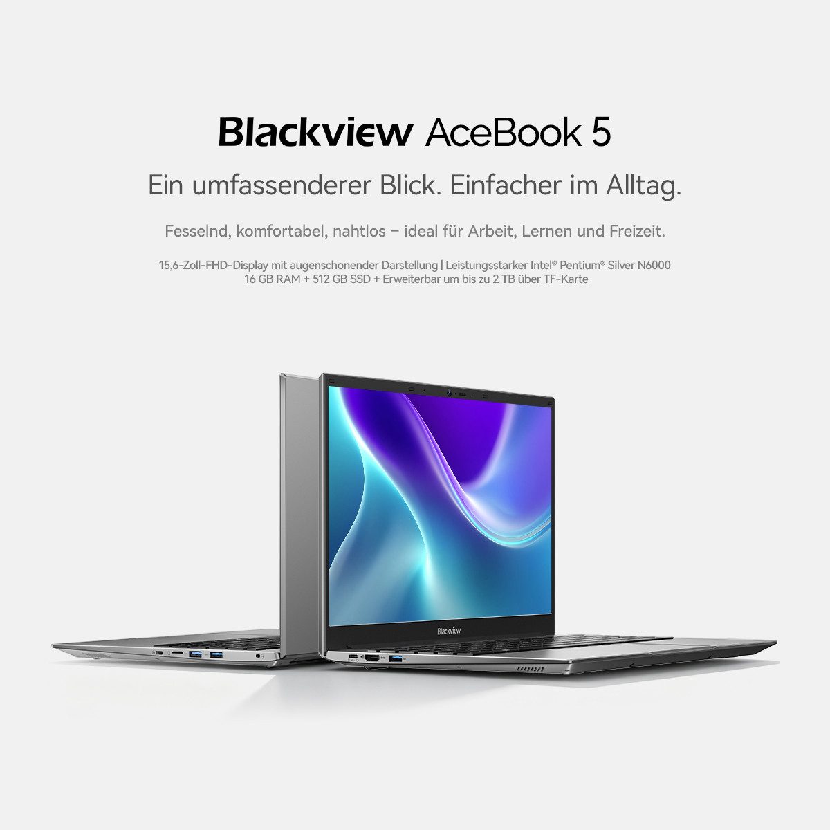 blackview 2026 15.6" FHD IPS Acebook 5 Intel 16GB+512GB Windows 11 Pro Notebook (39,62 cm/15.6 Zoll, Intel N6000 Intel Pentium Silver N6000, Intel UHD Graphics, – Bild 2 von 5