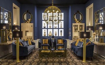 Casa Padrino Sofa Luxus Barock Samt Sofa Blau / Dunkelbraun 280 x 90 x H. 100 cm - Edles Wohnzimmer Sofa mit dekorativen Kissen - Barock Wohnzimmer Möbel - Luxus Qualität
