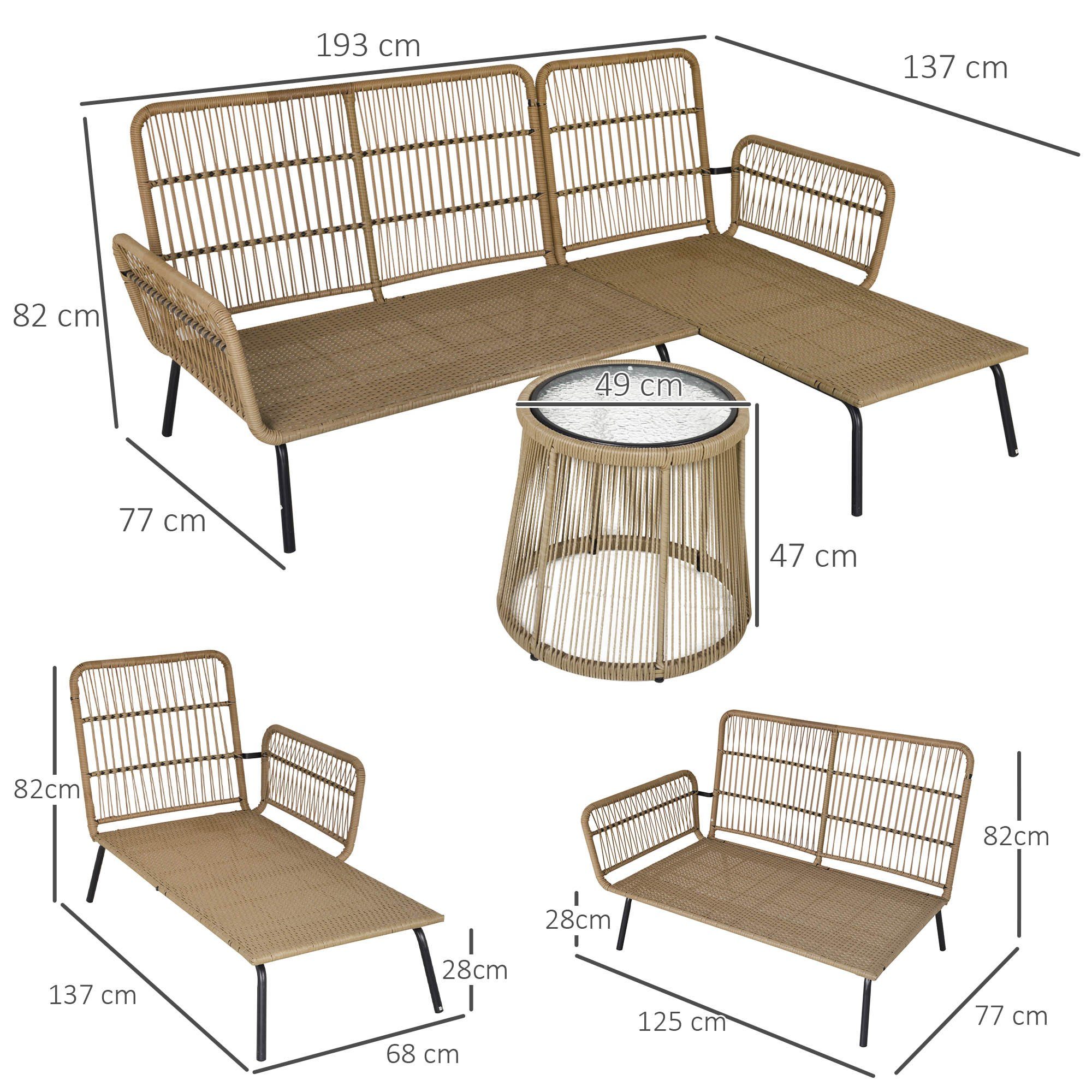 Outsunny Sitz- mit und Gartengarnitur 3-tlg., Beistelltisch, Sitzgruppe 1 weichem Sitzgarnitur), (Rattan Gartenmöbel-Set, mit Rückenkissen