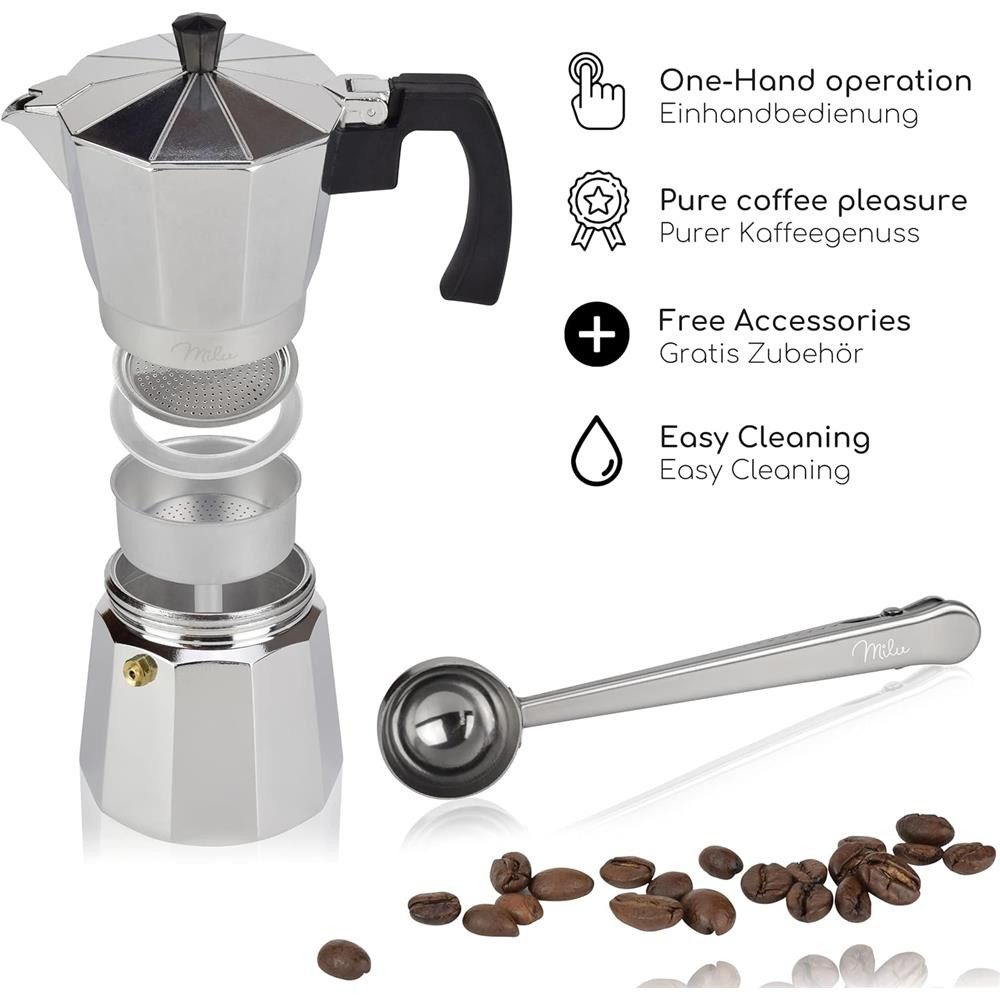 Milu Espressokocher, Mokkakanne, 6 Tassen, 300ml, Espressokanne, silber