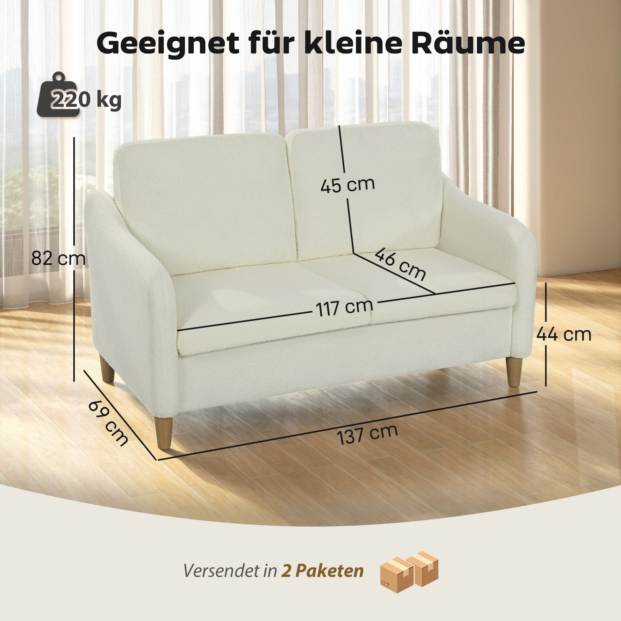 HOMCOM 2-Sitzer kleine Couch mit Wurfkissen, Sherpa-Fleece-Optik, Couch 1 Teile, für Wohnzimmer, Schlafzimmer, Cremeweiß – Bild 3 von 5