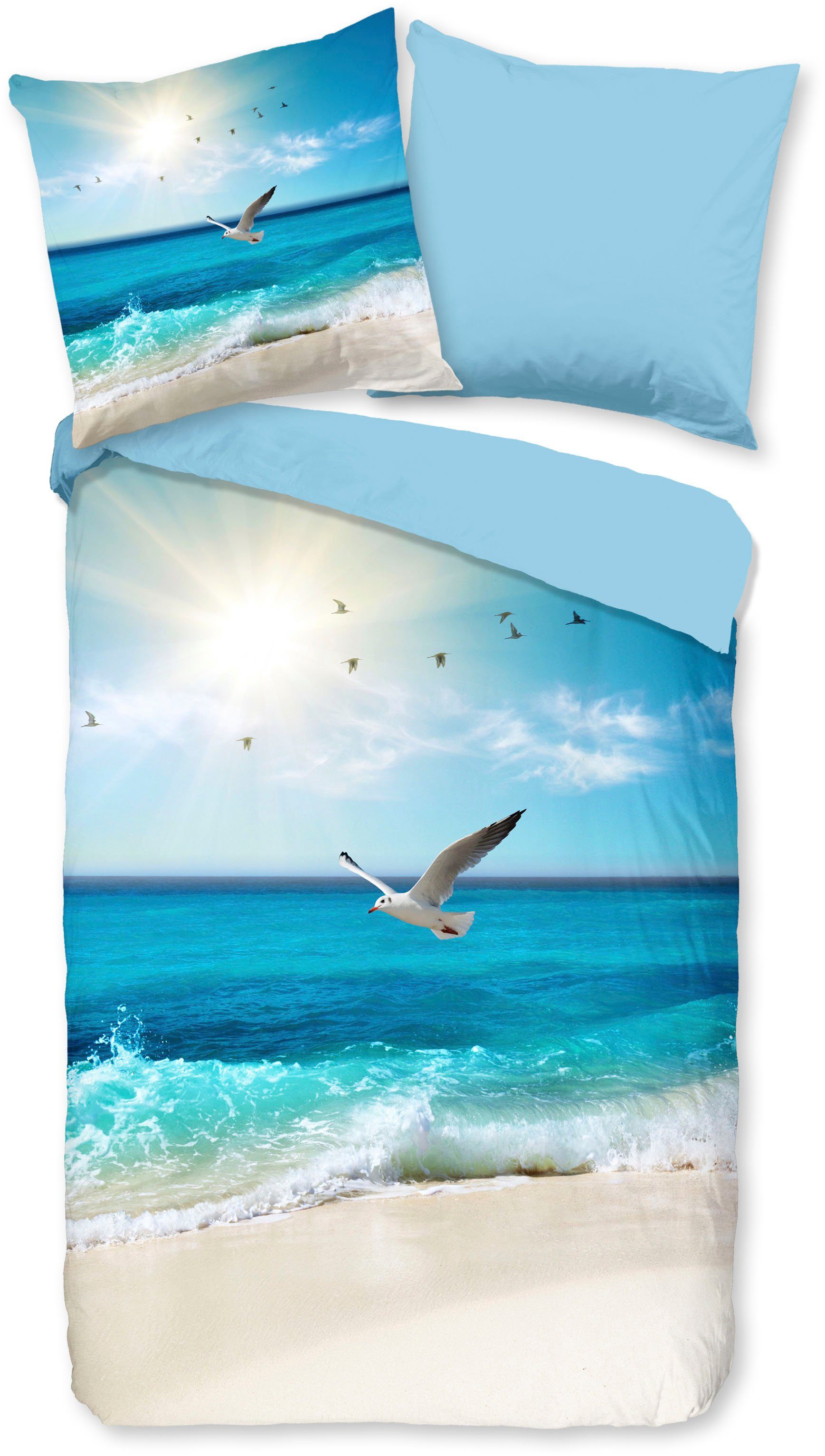 good morning Wendebettwäsche Sealife, Renforcé, 2 teilig, 100% Baumwolle, 135x200, Reißverschluss, Wendeoptik, Strand Meer, Blau – Bild 2 von 5
