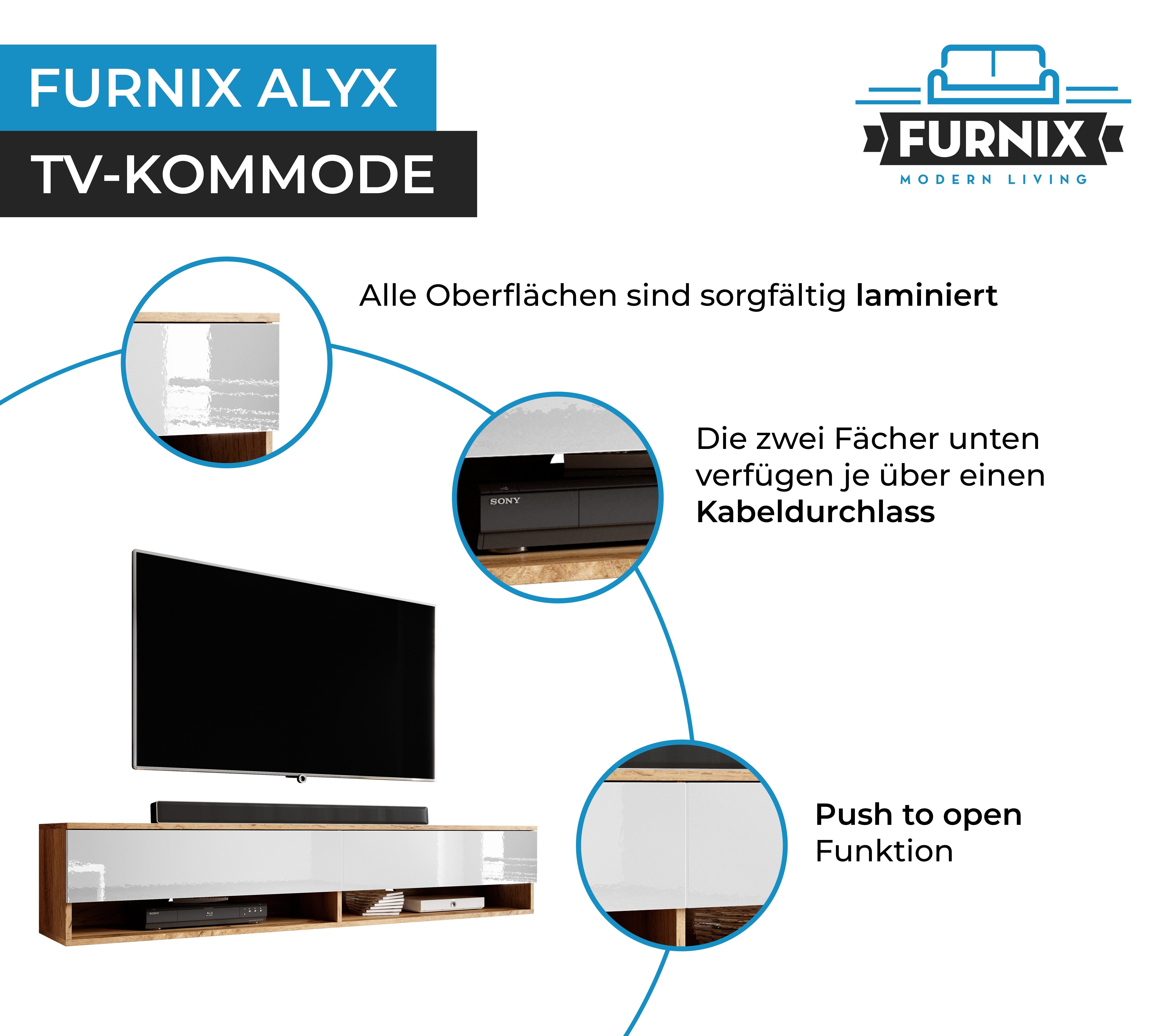 Glanz T32 Lowboard Furnix Wotan/Weiß TV Alyx x TV-Kommode, x Schrank B160 Sideboard 160 LED-Beleuchtung, H34 OHNE cm