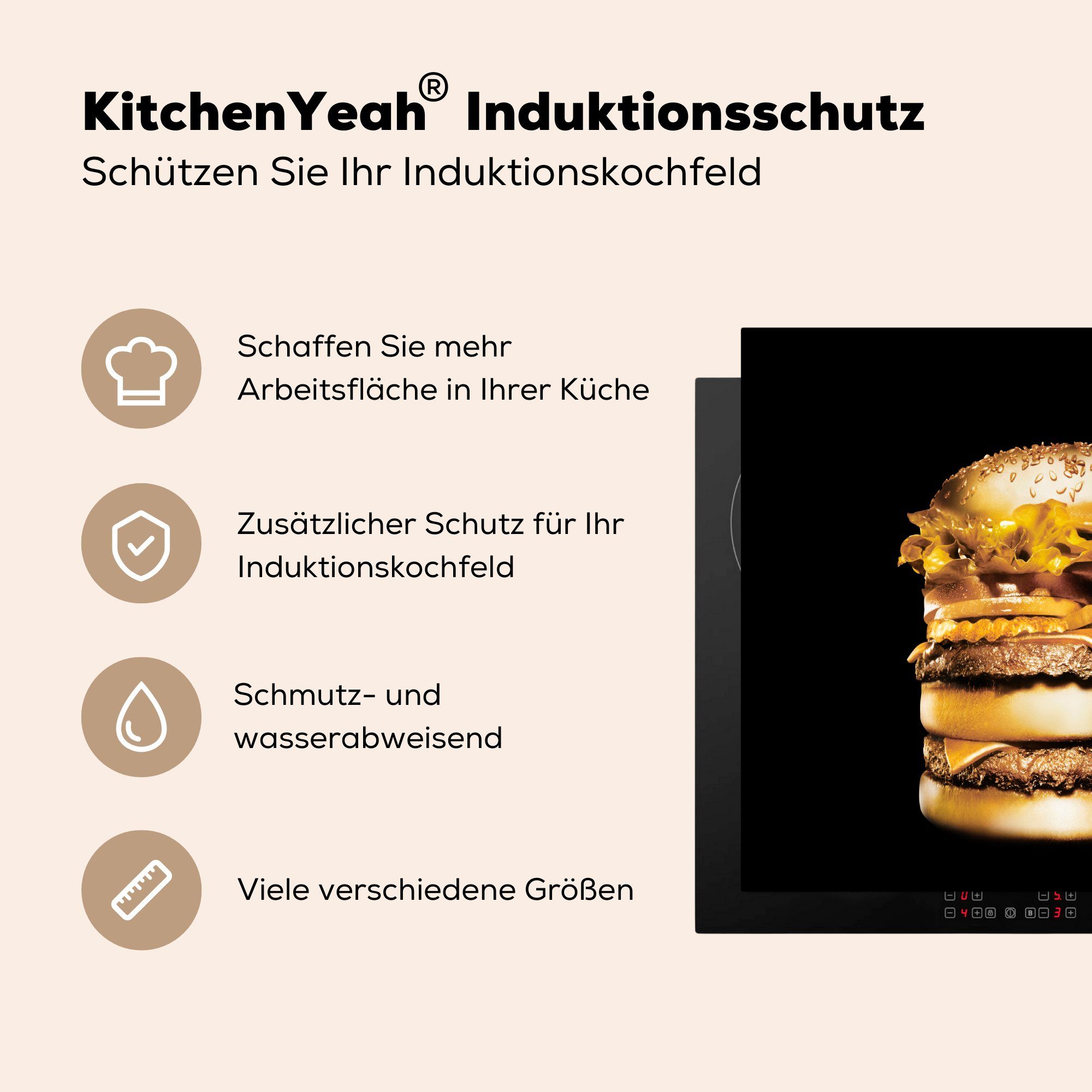 MuchoWow Herdblende-/Abdeckplatte Goldener Hamburger auf die Induktionsmatte 59x52 schwarzem küche, Vinyl, tlg), Hintergrund., cm, (1 Ceranfeldabdeckung für