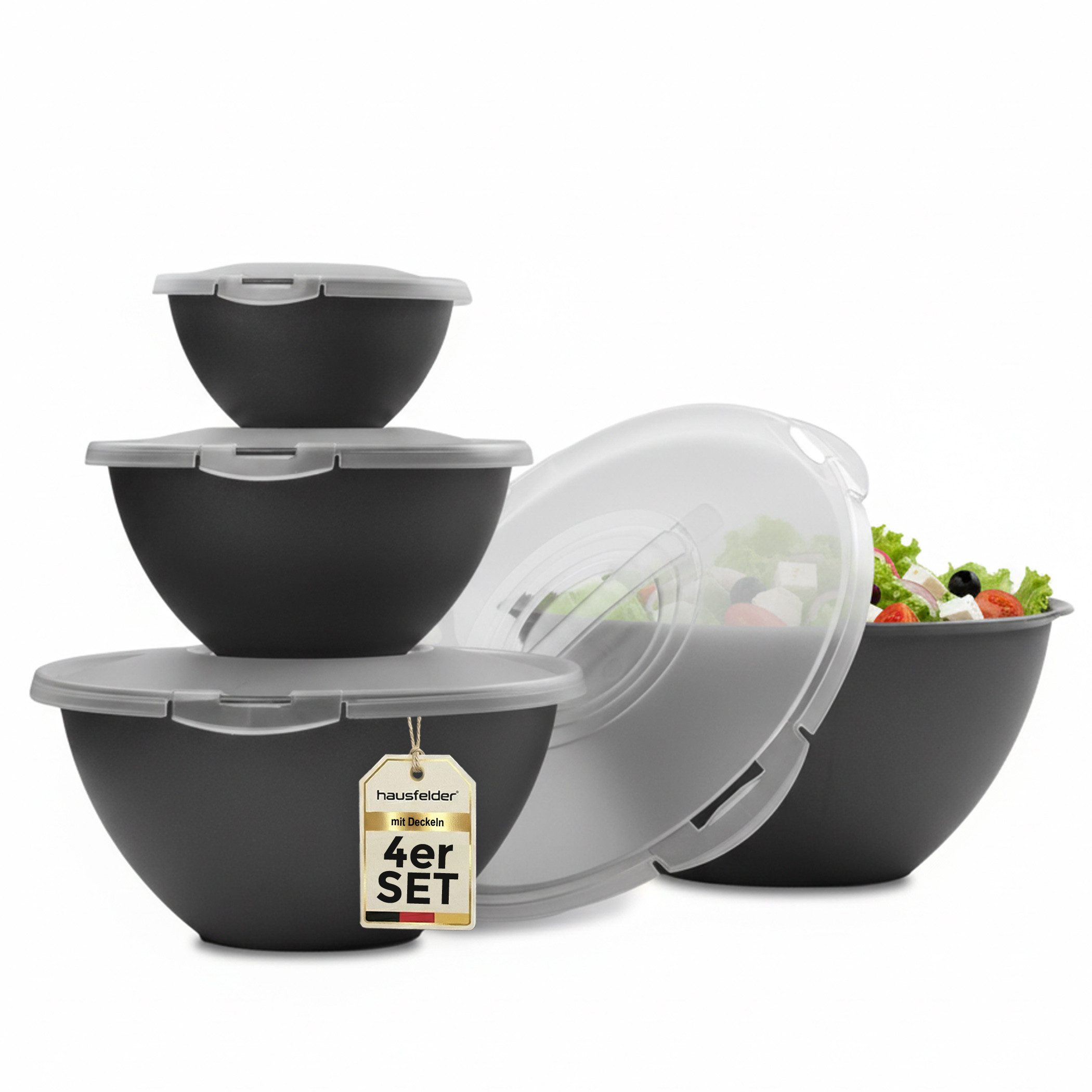 Hausfelder Salatschüssel Schüssel Set groß mit Deckel, 0,7-6 L Anthrazit Schwarz), Kunststoff, (8-tlg), Schüsseln 1x6 L, 1x3,6 L, 1x1,9 L, 1x0,7 L