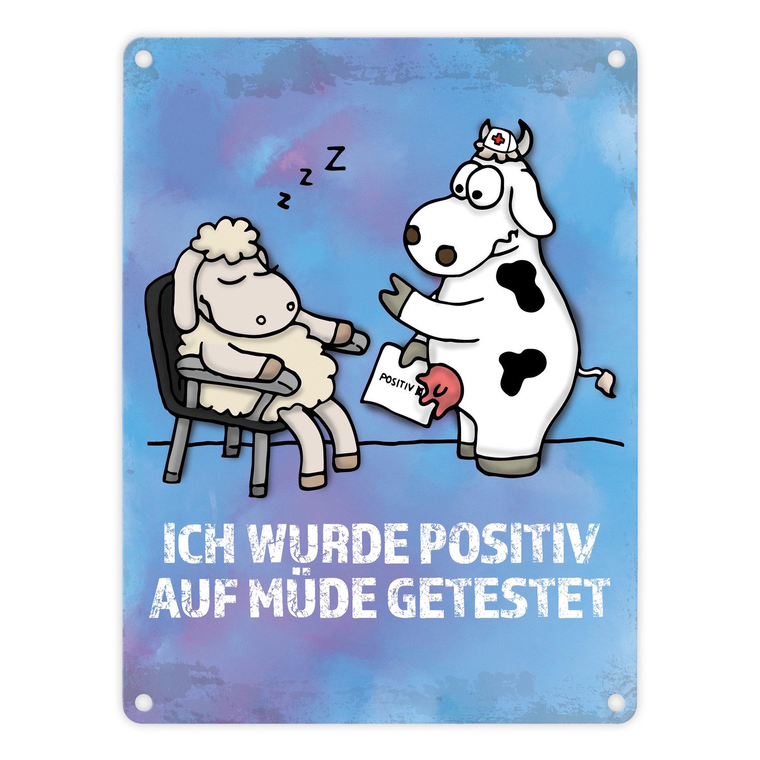 Metallschild Metallschild mit Schaf und Kuh Motiv Spruch: Positiv auf Müde